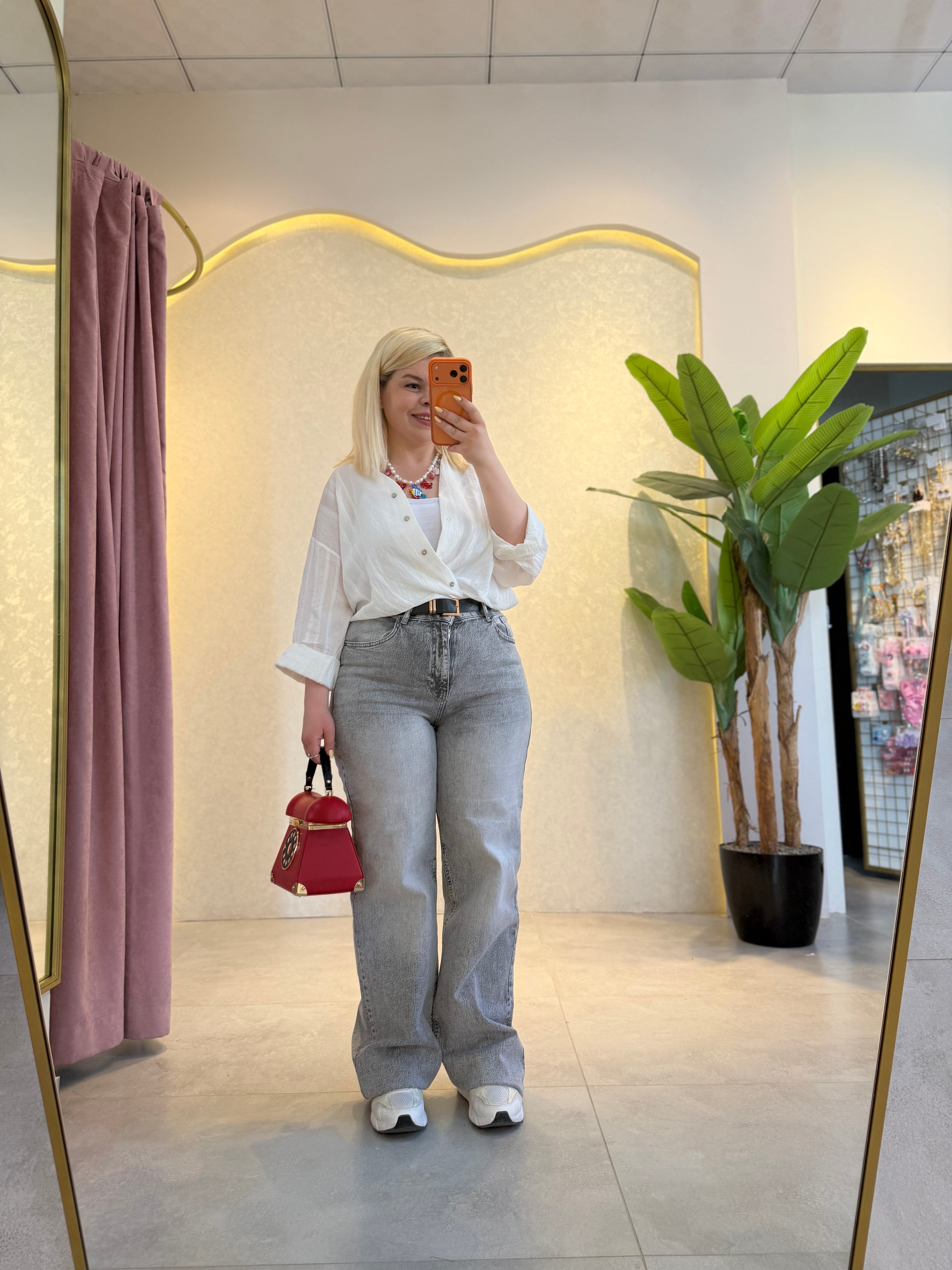 Füme Kemerli Wide Leg Jean Pantolon 