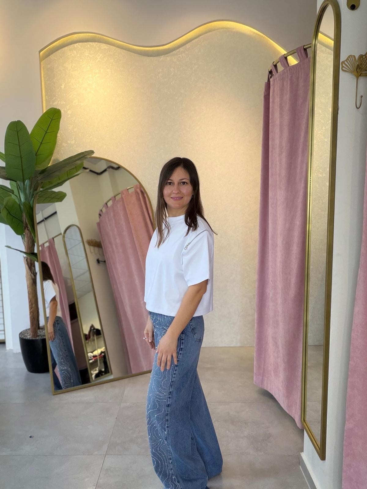 Gümüş Taşlı Wide Leg Jean Pantolon