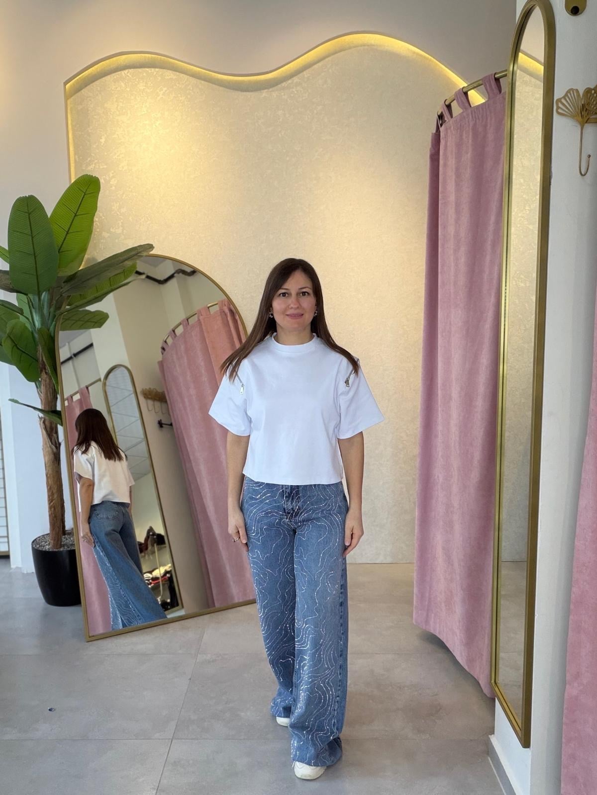 Gümüş Taşlı Wide Leg Jean Pantolon