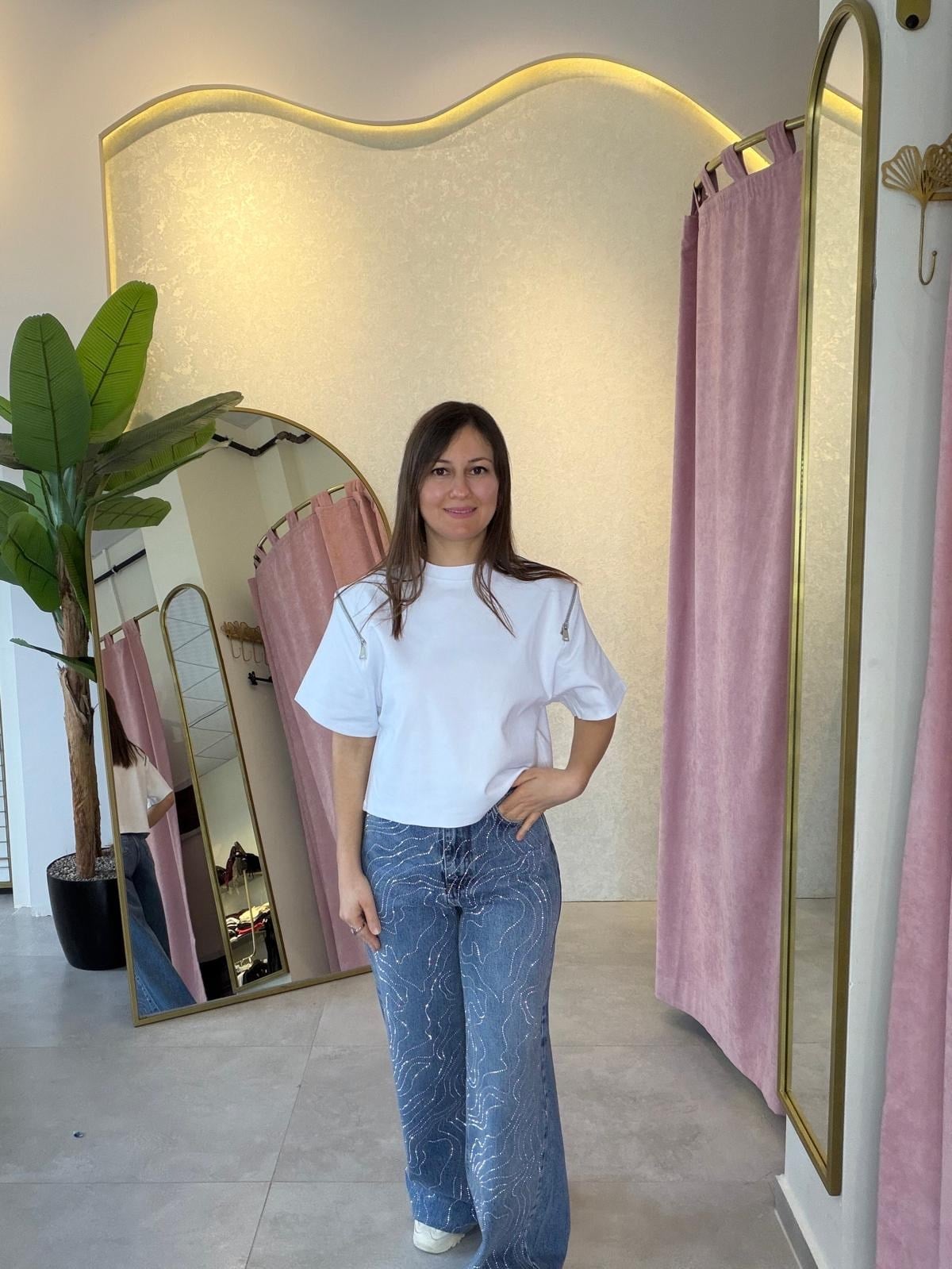 Gümüş Taşlı Wide Leg Jean Pantolon