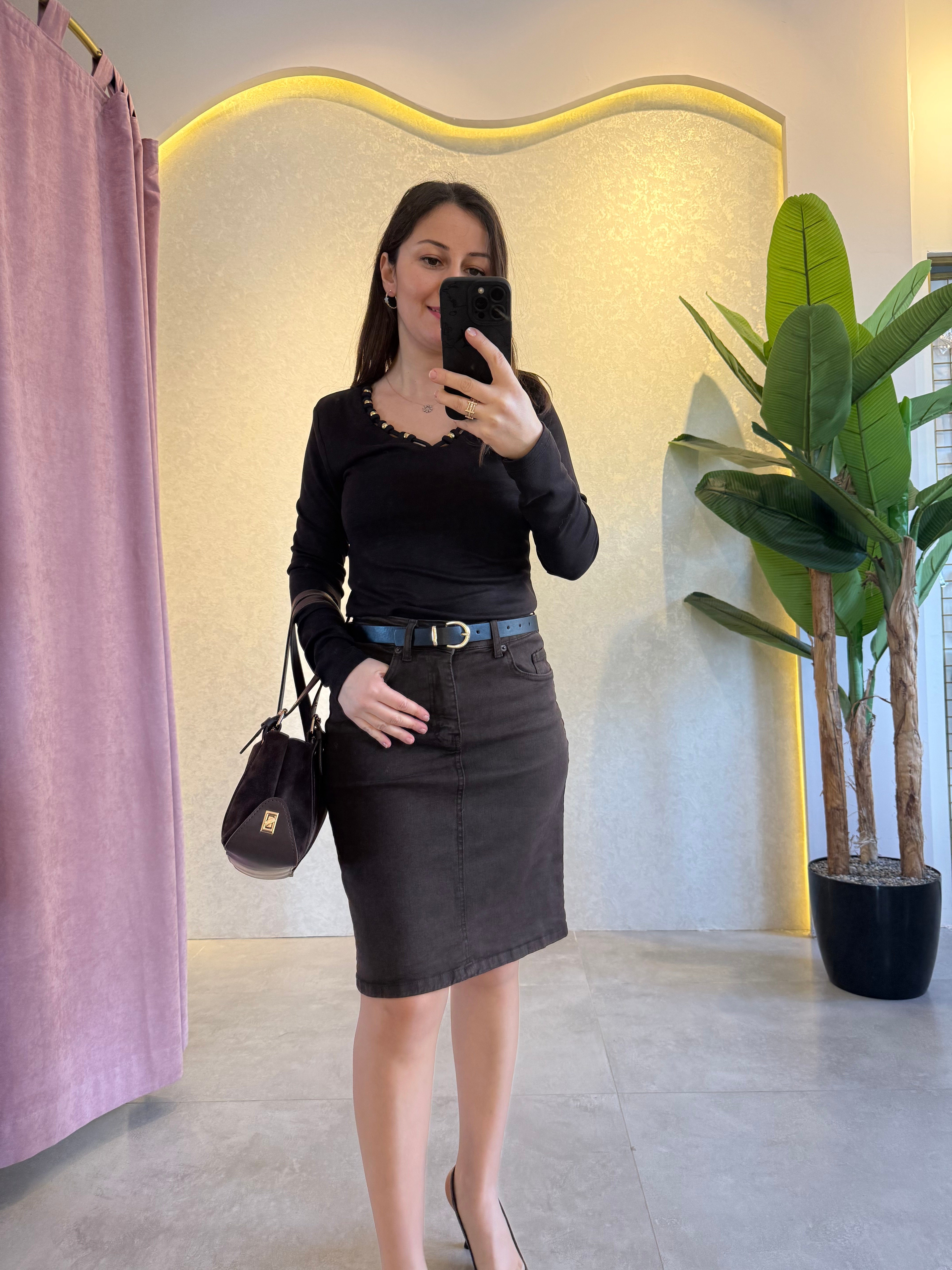 Kahve Kemerli Jean Etek
