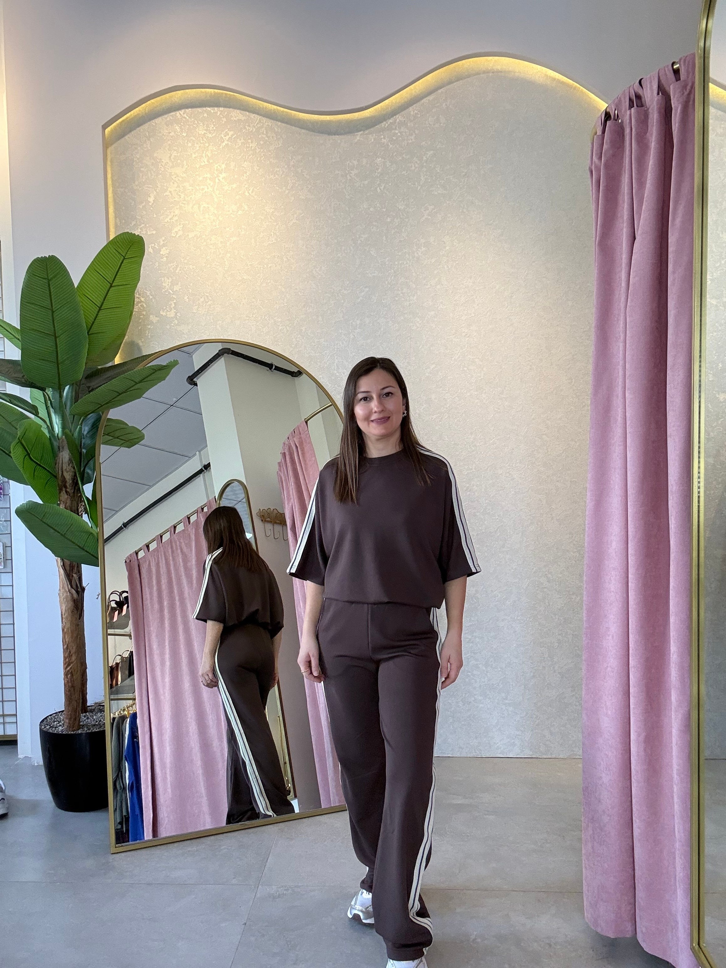 Kahve Şerit Detaylı Modal Takım