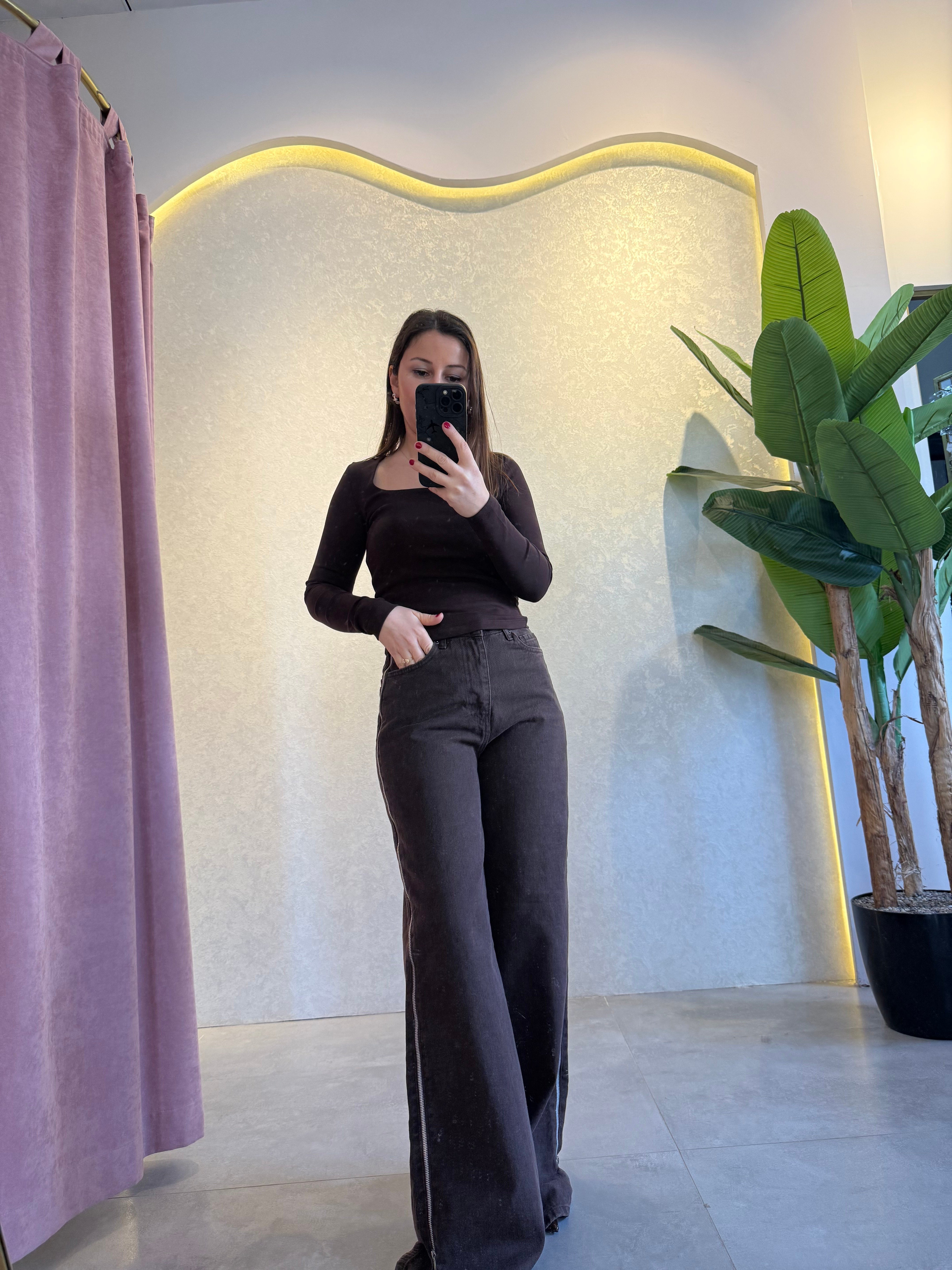 Kahve Yanı Fermuarlı Jean Pantolon 