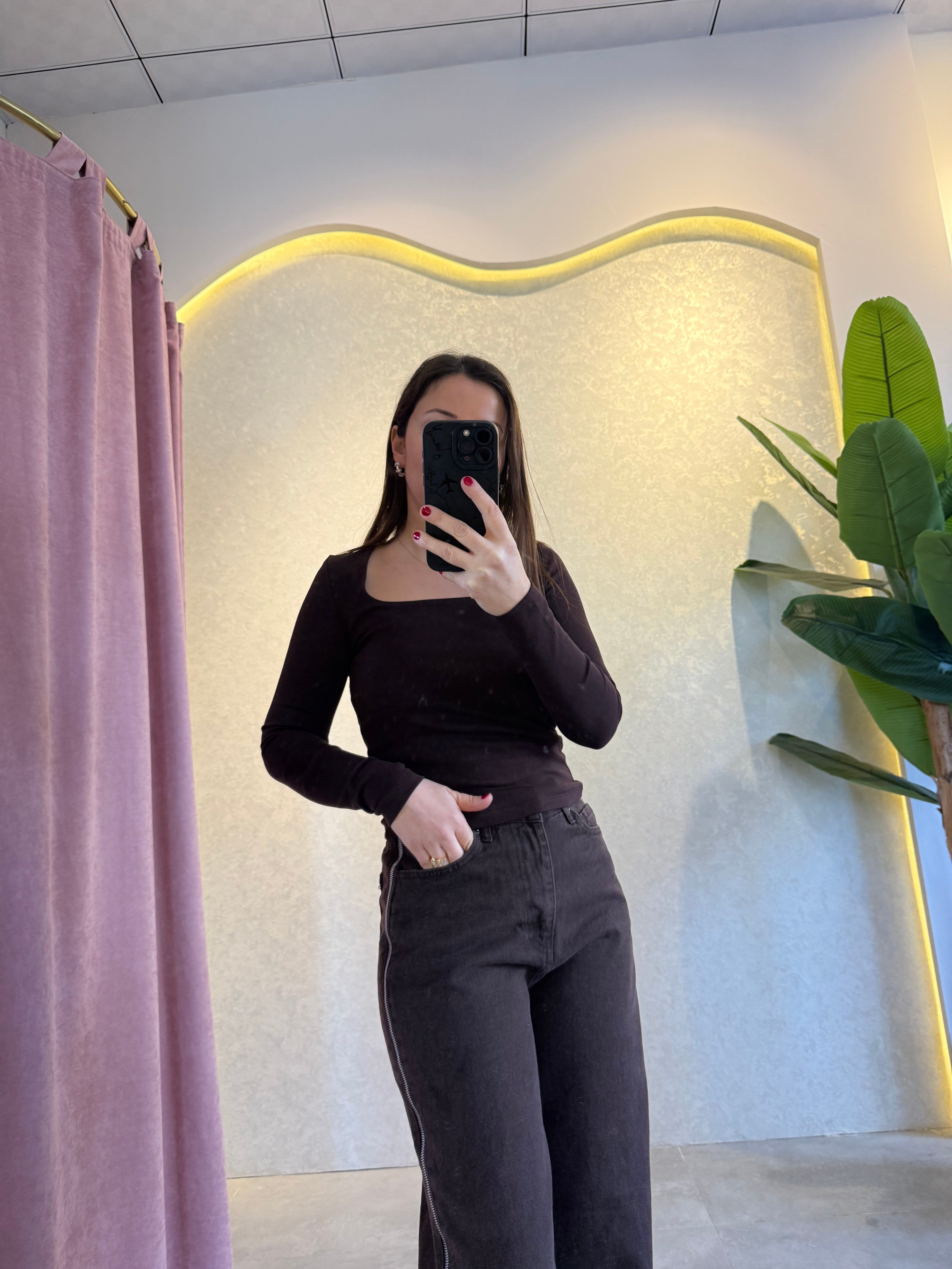 Kahve Yanı Fermuarlı Jean Pantolon 