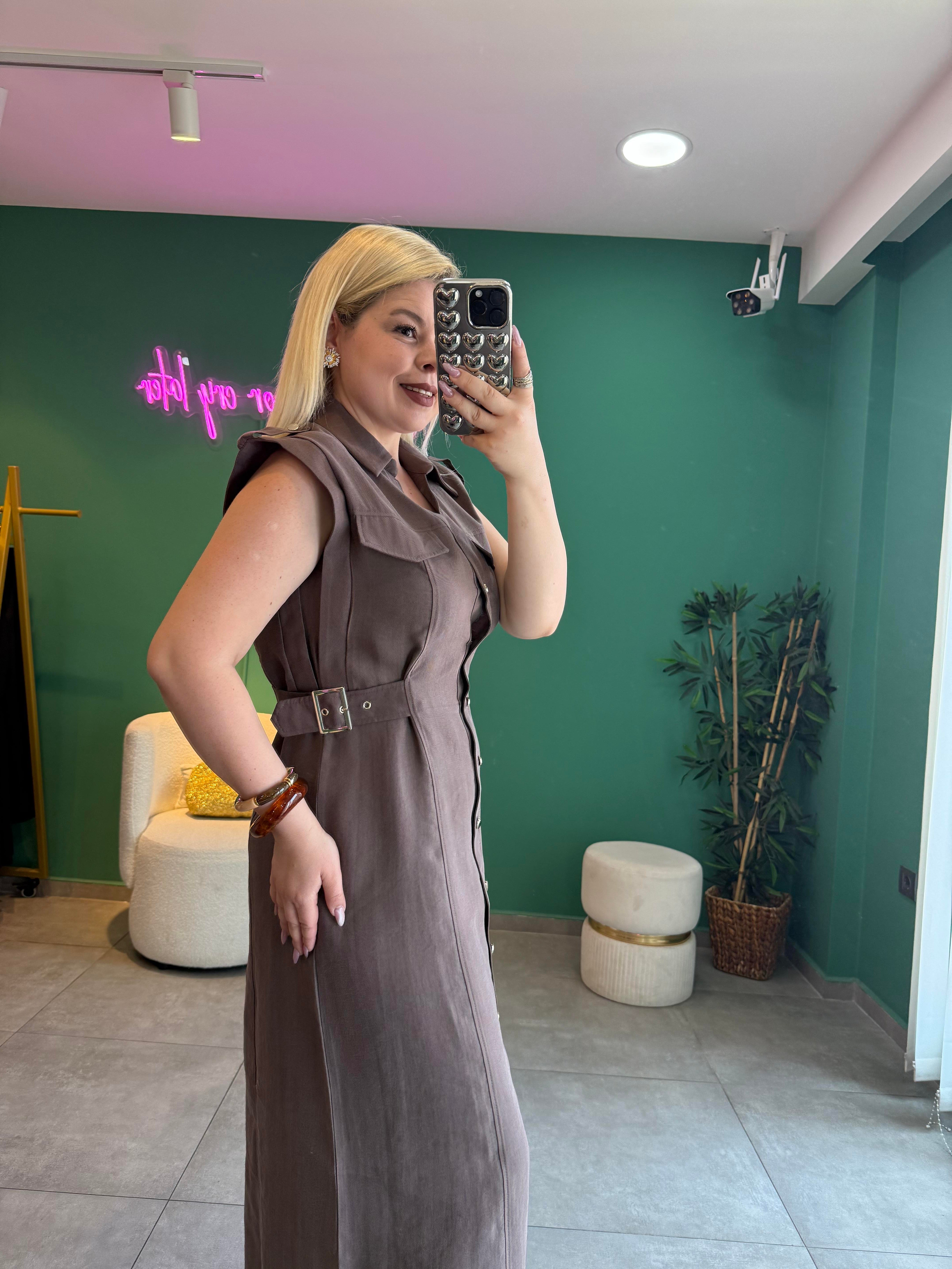 Kemer Detaylı Kahve Maxi Elbise