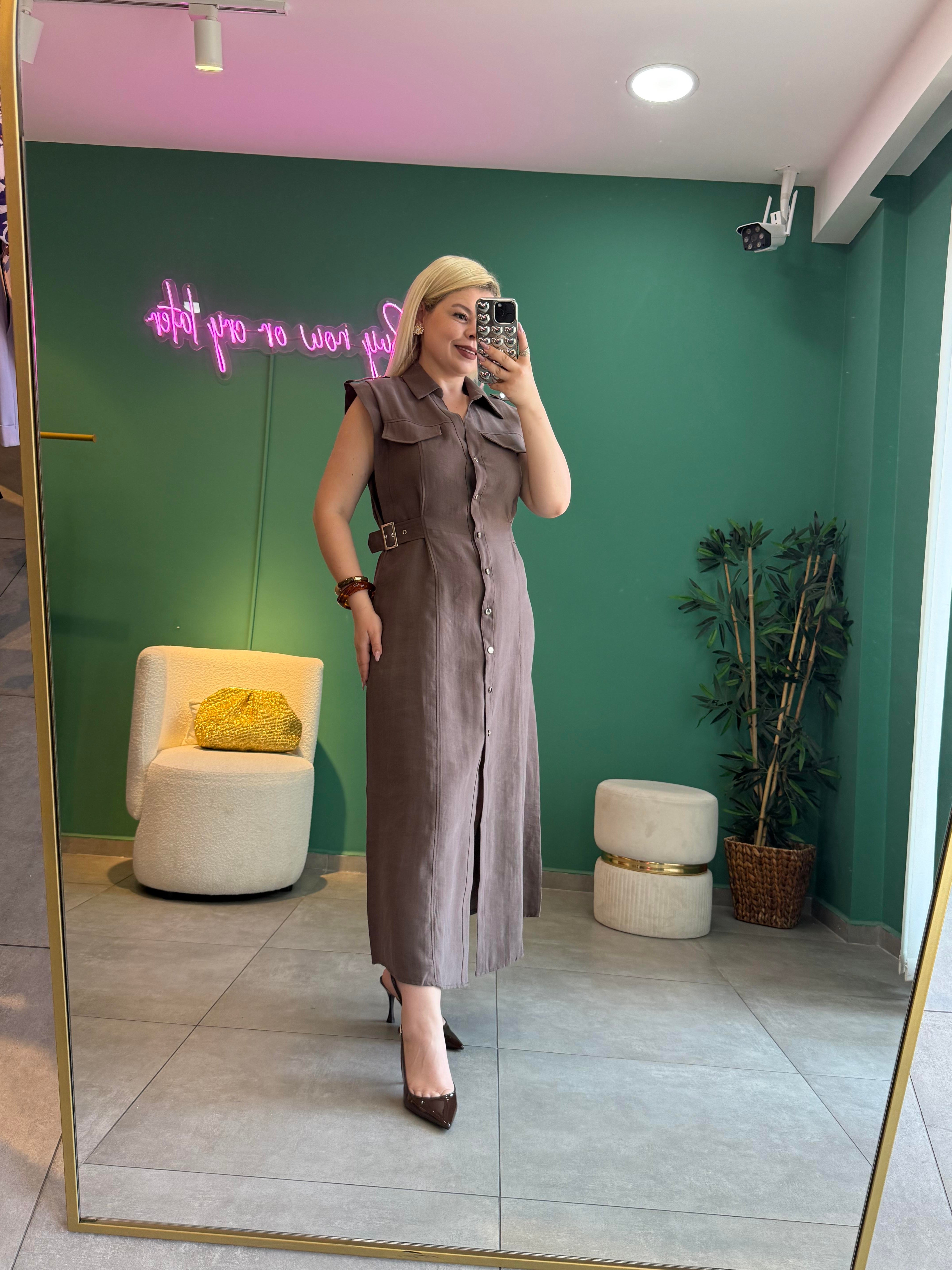 Kemer Detaylı Kahve Maxi Elbise