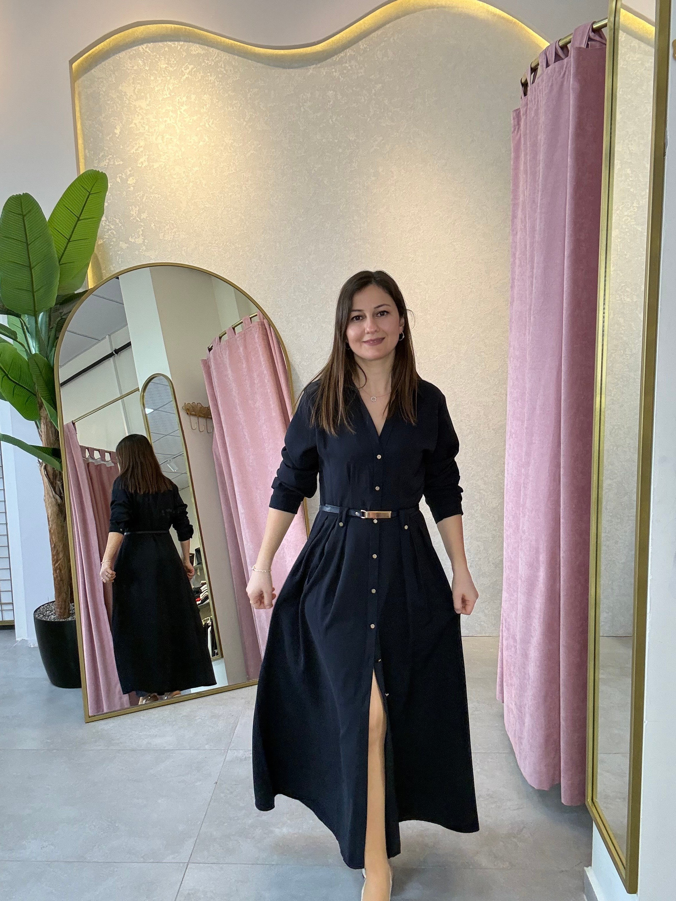 Kemer Detaylı Lacivert Maxi Elbise
