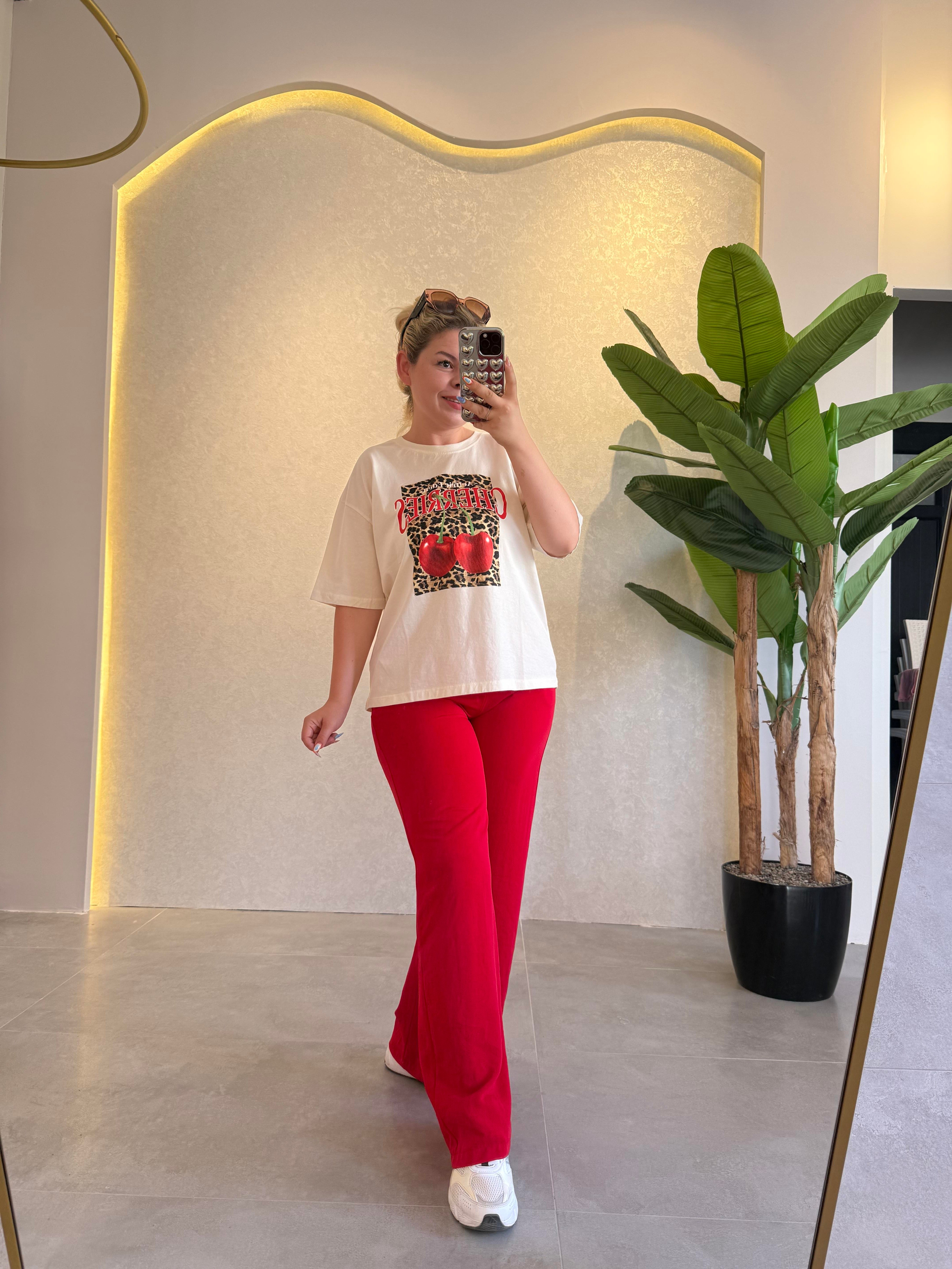Kırmızı Beli Lastikli Pantolon