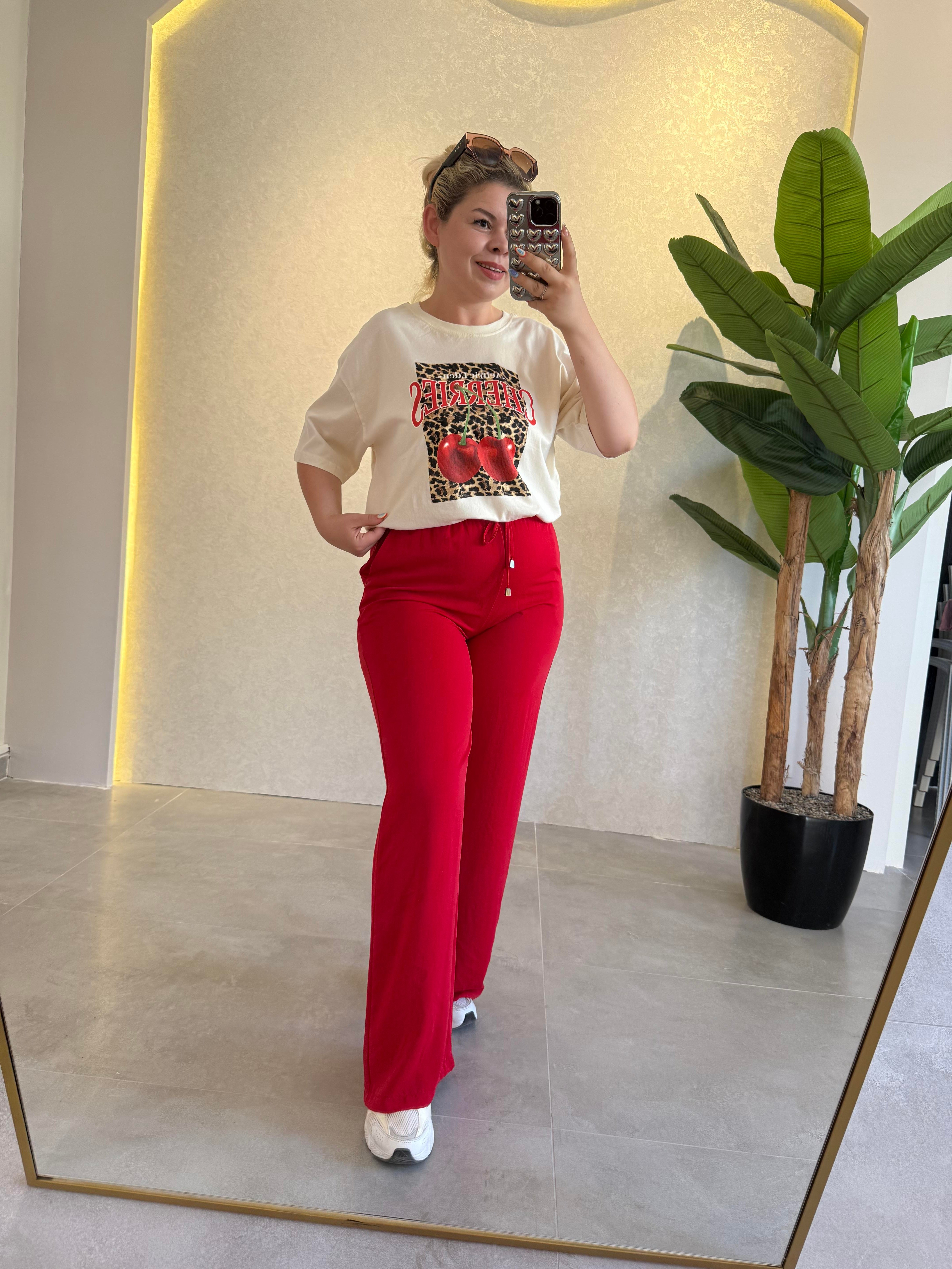 Kırmızı Beli Lastikli Pantolon