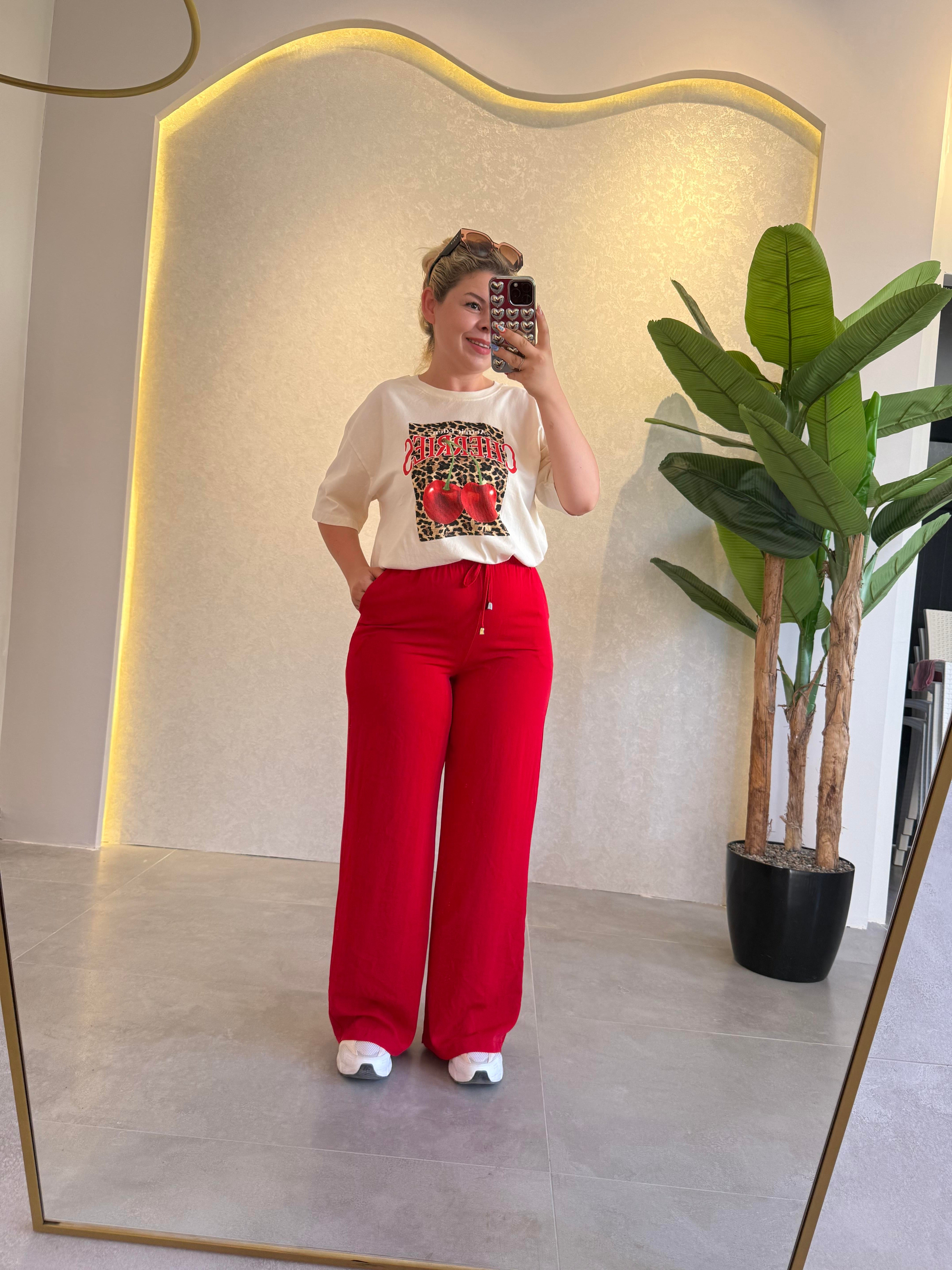 Kırmızı Beli Lastikli Pantolon