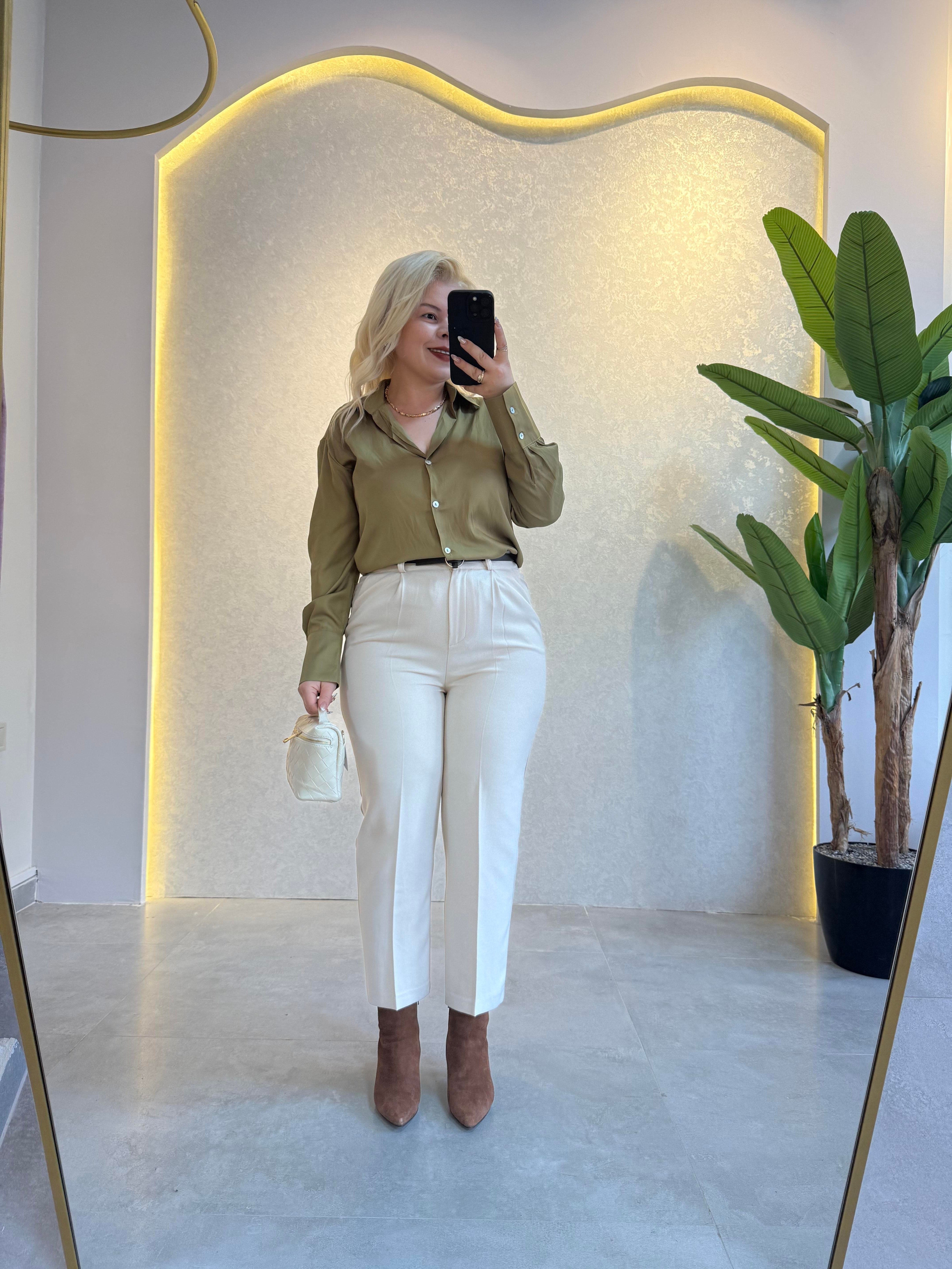 Krem, Kemerli Havuç Pantalon