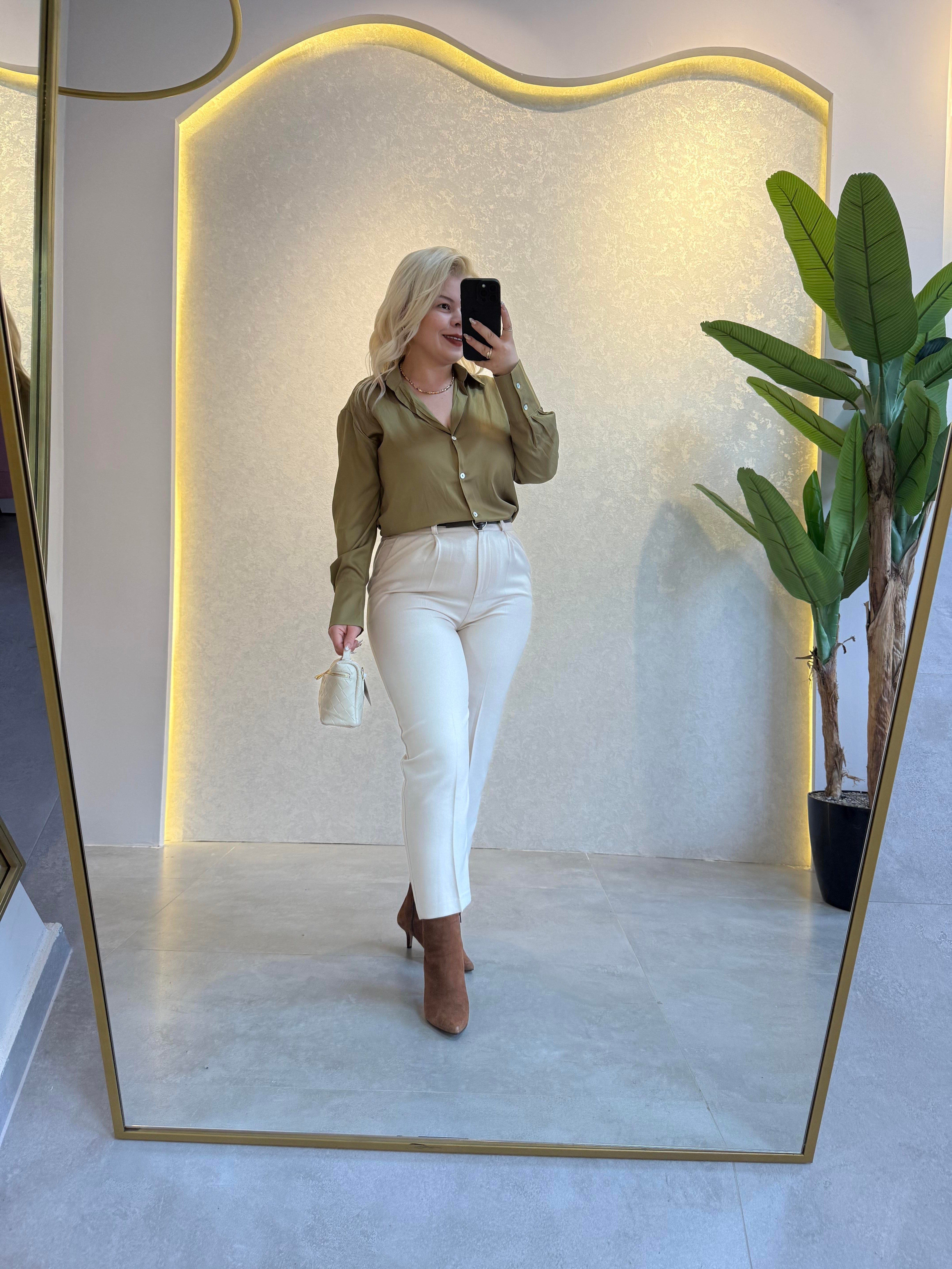 Krem, Kemerli Havuç Pantalon