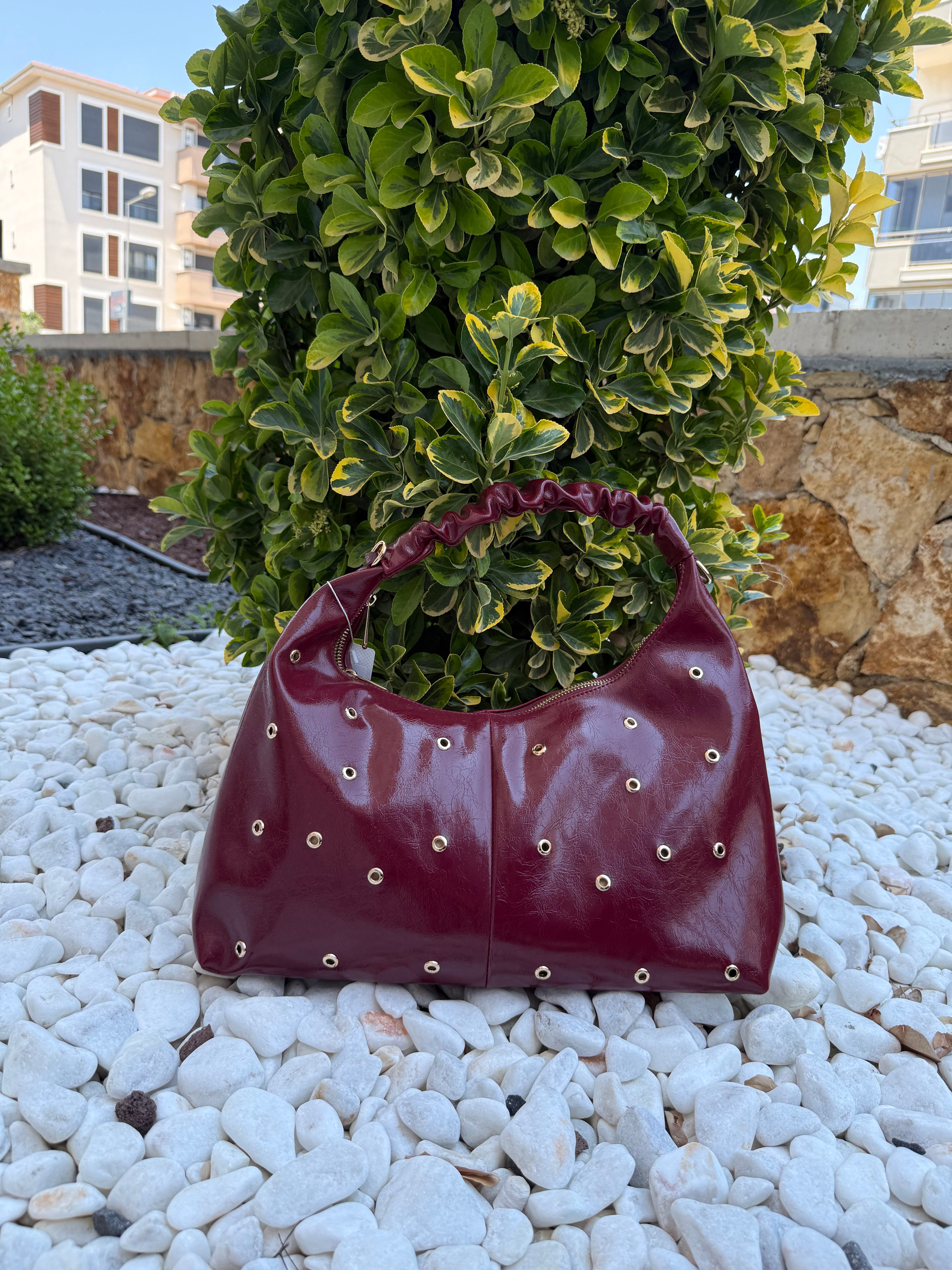 Kuşgözü Parlak Deri Bordo Çanta
