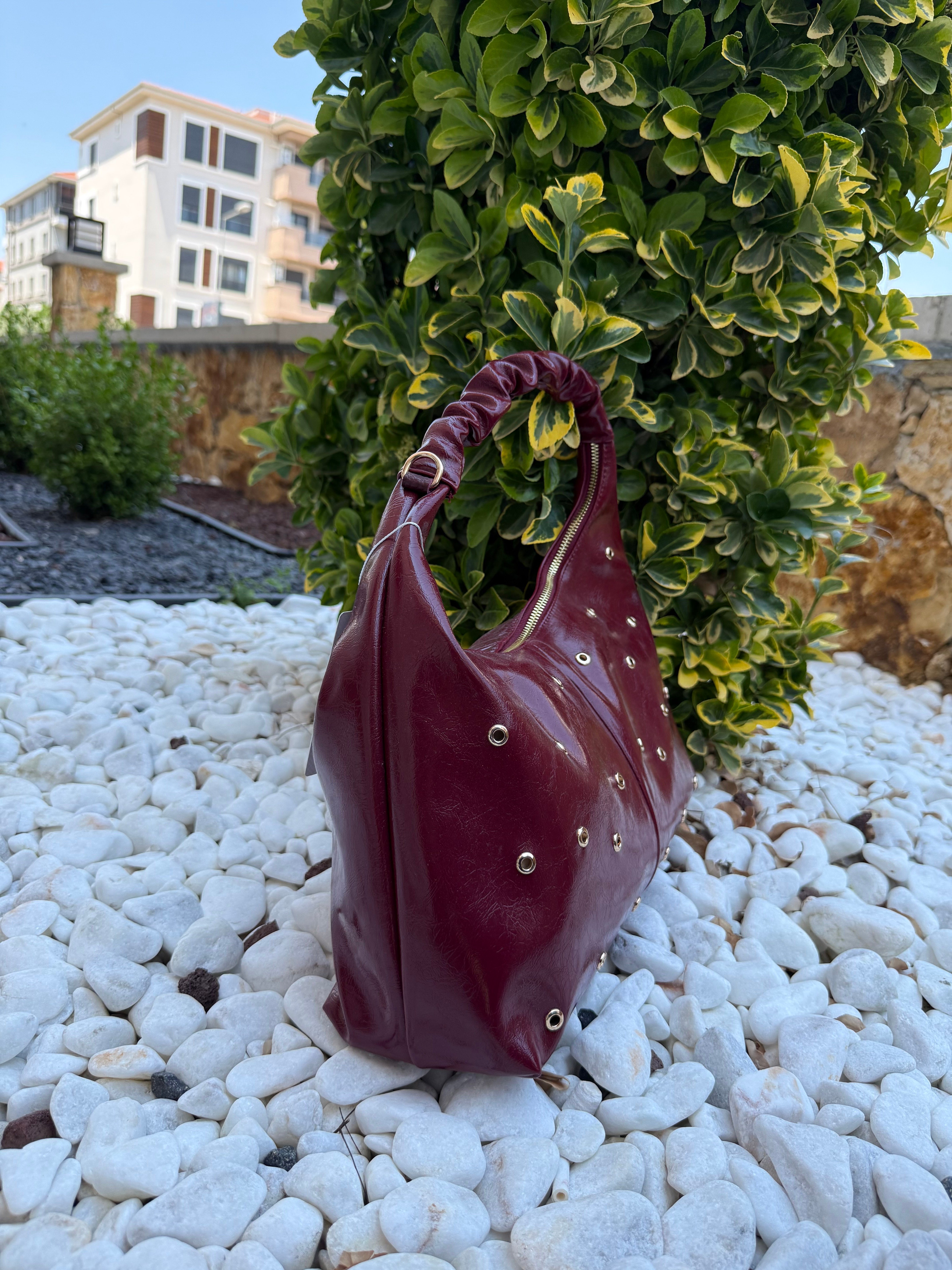 Kuşgözü Parlak Deri Bordo Çanta