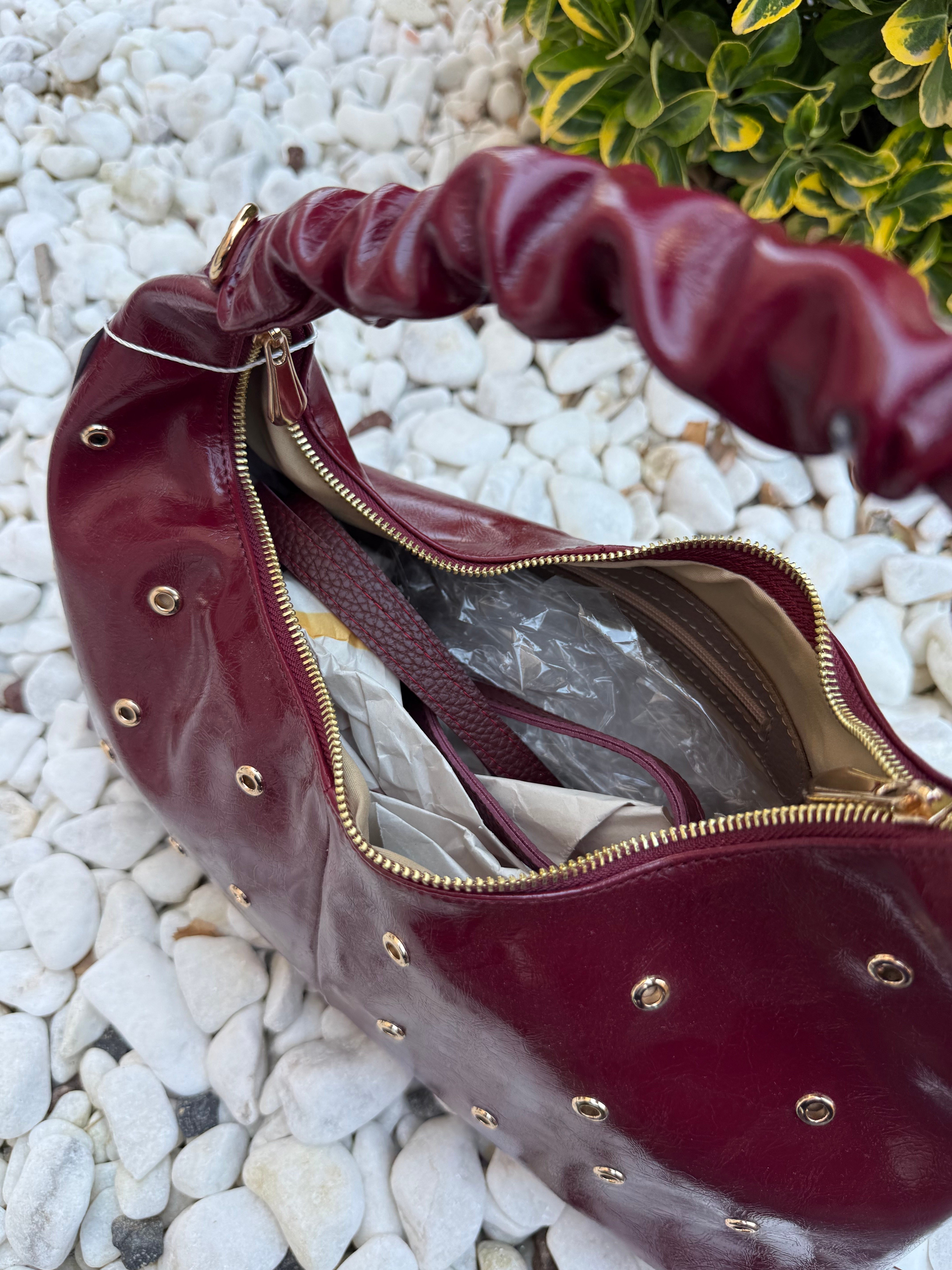 Kuşgözü Parlak Deri Bordo Çanta