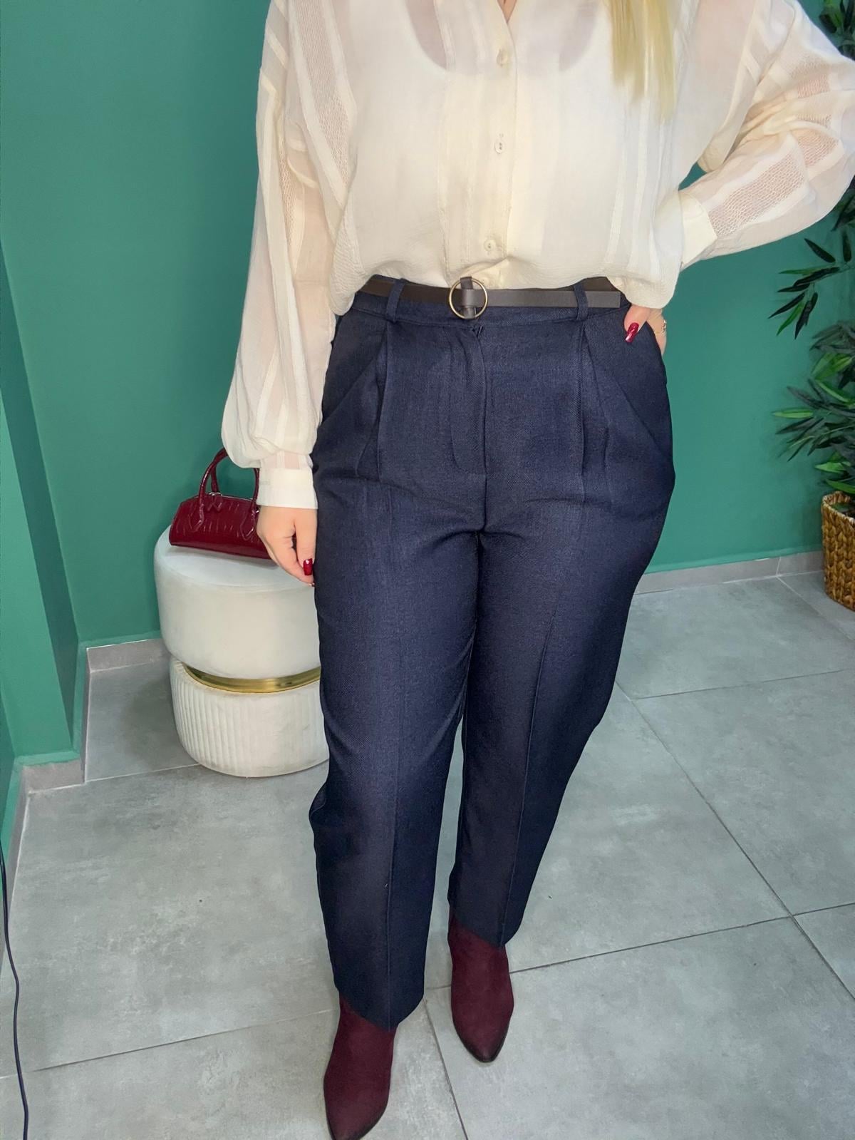 Lacivert Kemerli Havuç Pantalon