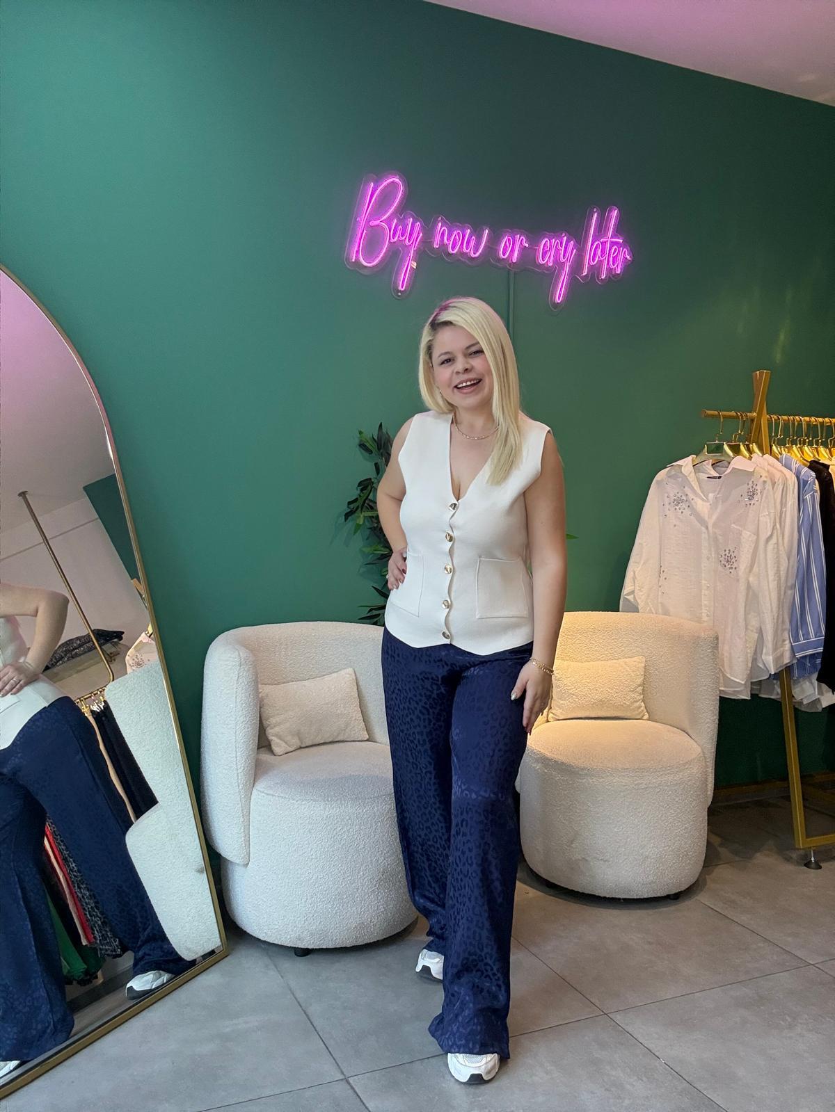 Leopar Desenli Jakarlı Lacivert Pantolon