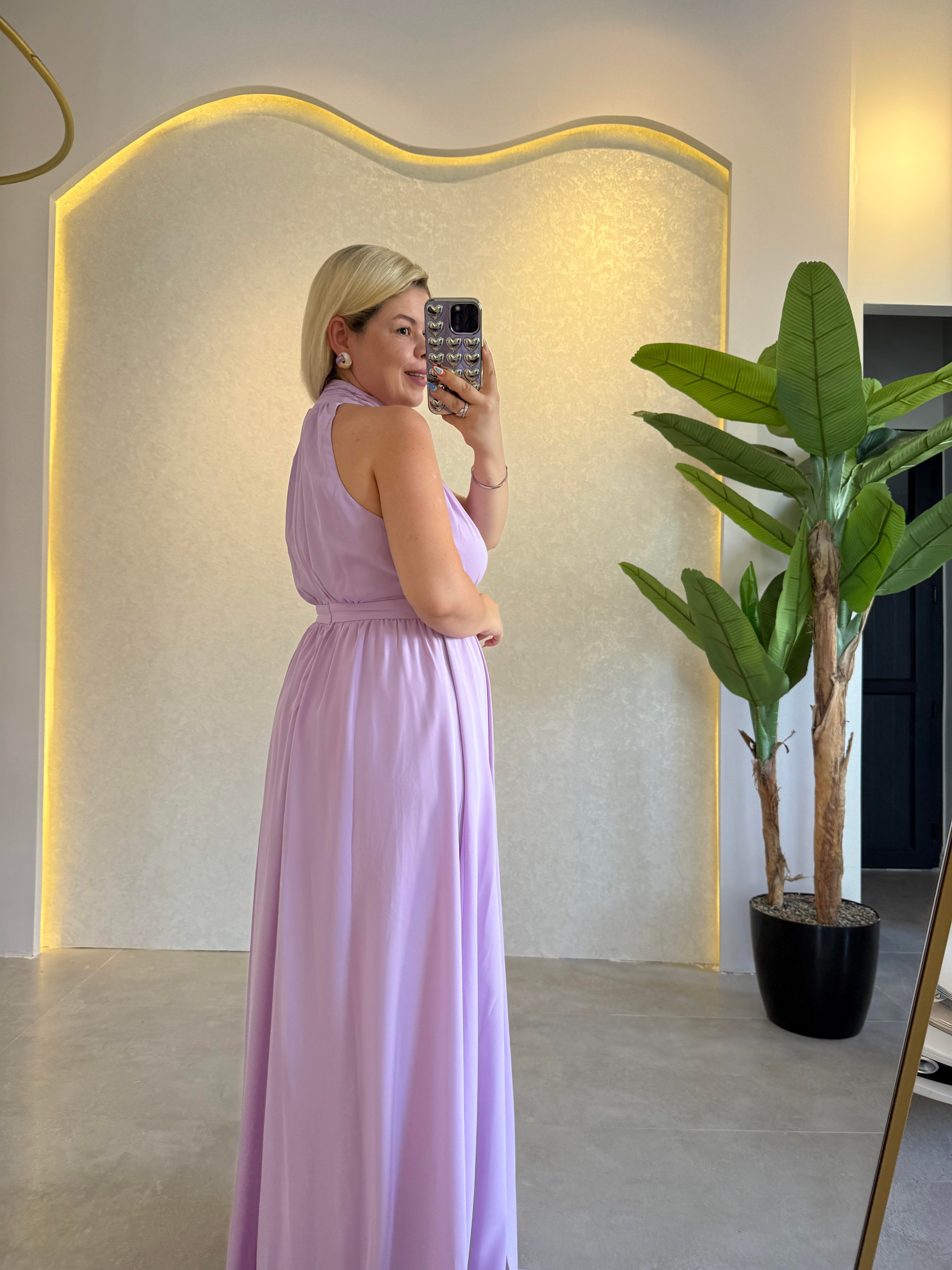 Lila Halter Yaka Yırtmaçlı Elbise