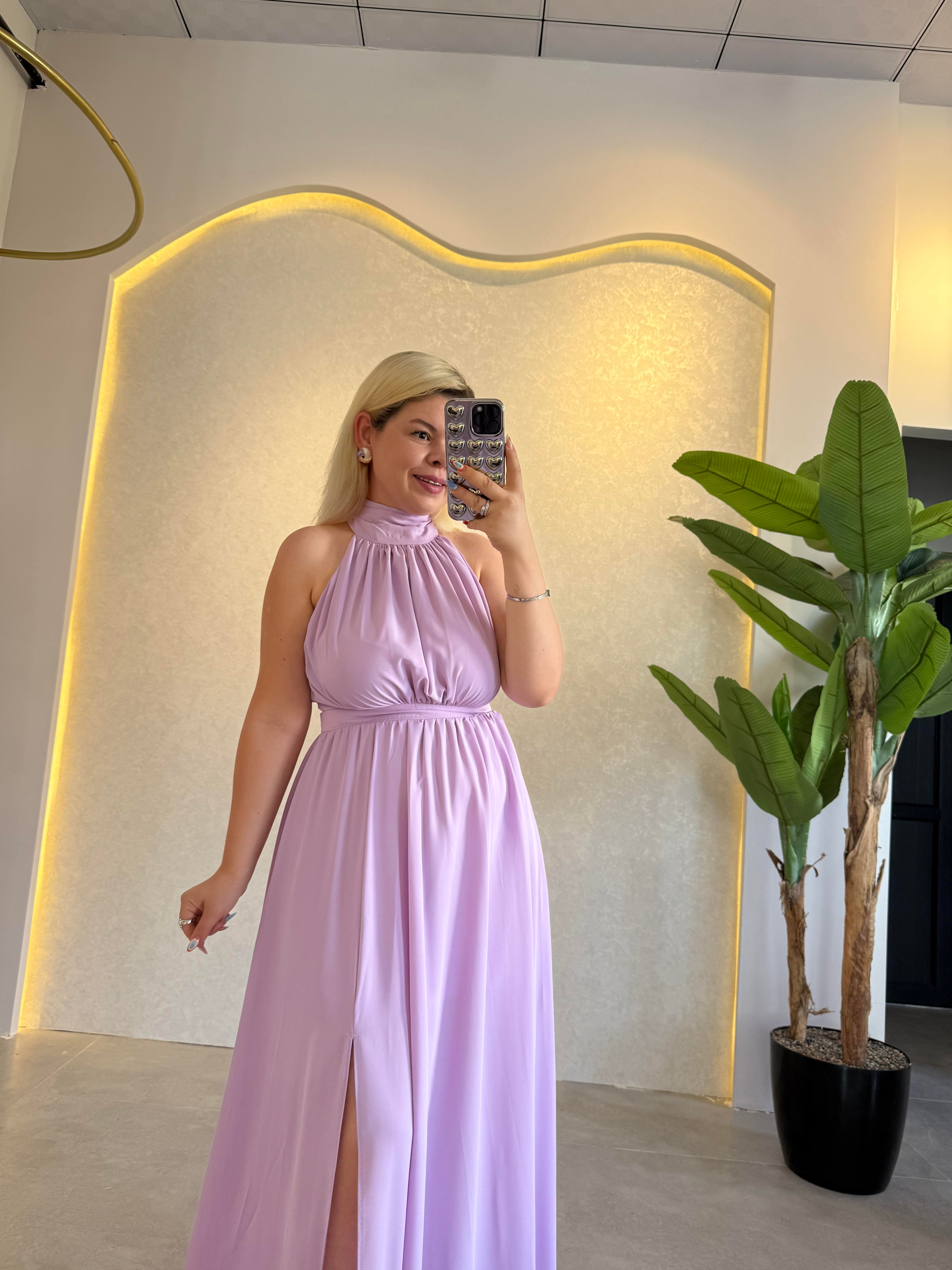 Lila Halter Yaka Yırtmaçlı Elbise