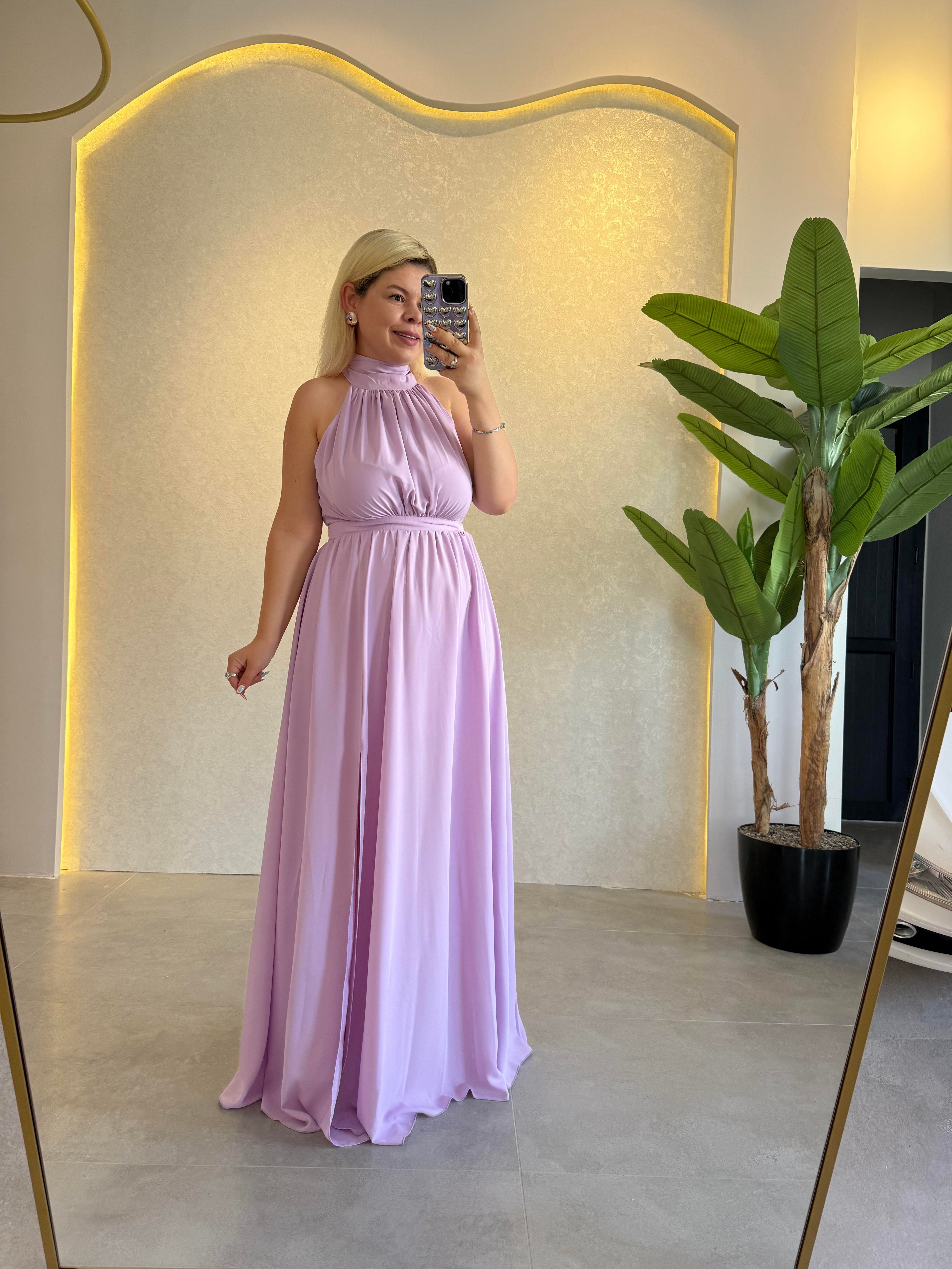 Lila Halter Yaka Yırtmaçlı Elbise