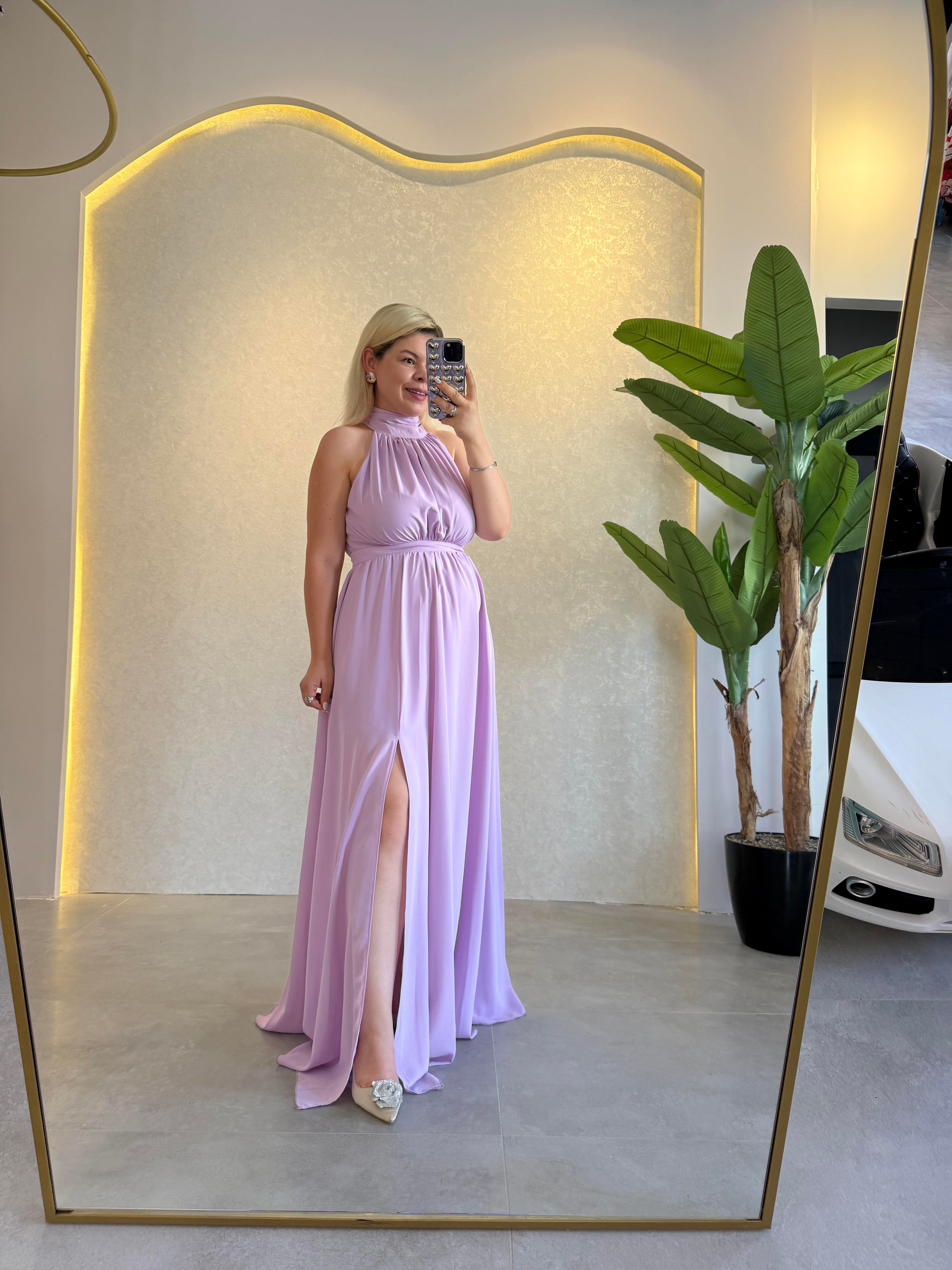 Lila Halter Yaka Yırtmaçlı Elbise