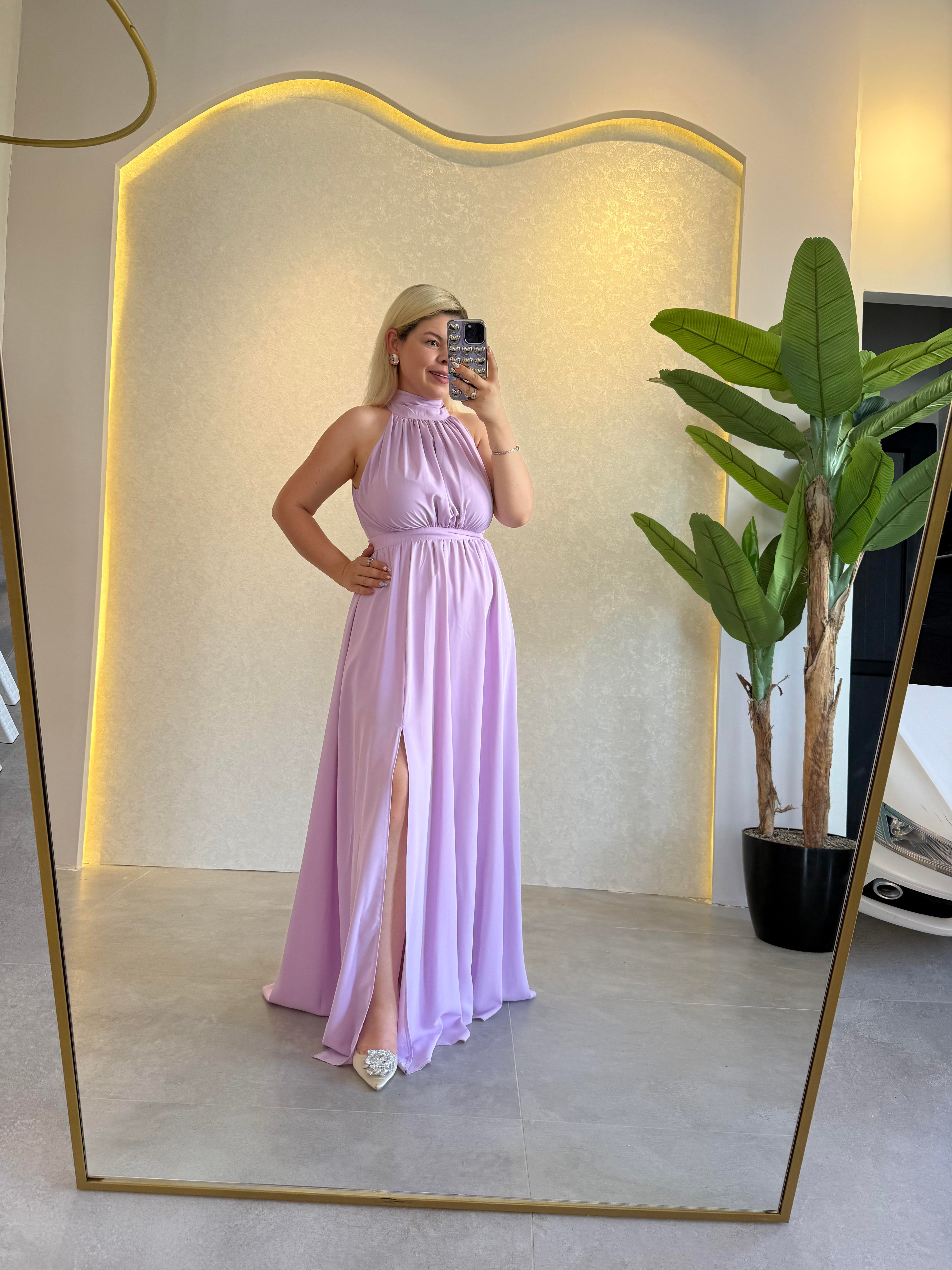 Lila Halter Yaka Yırtmaçlı Elbise