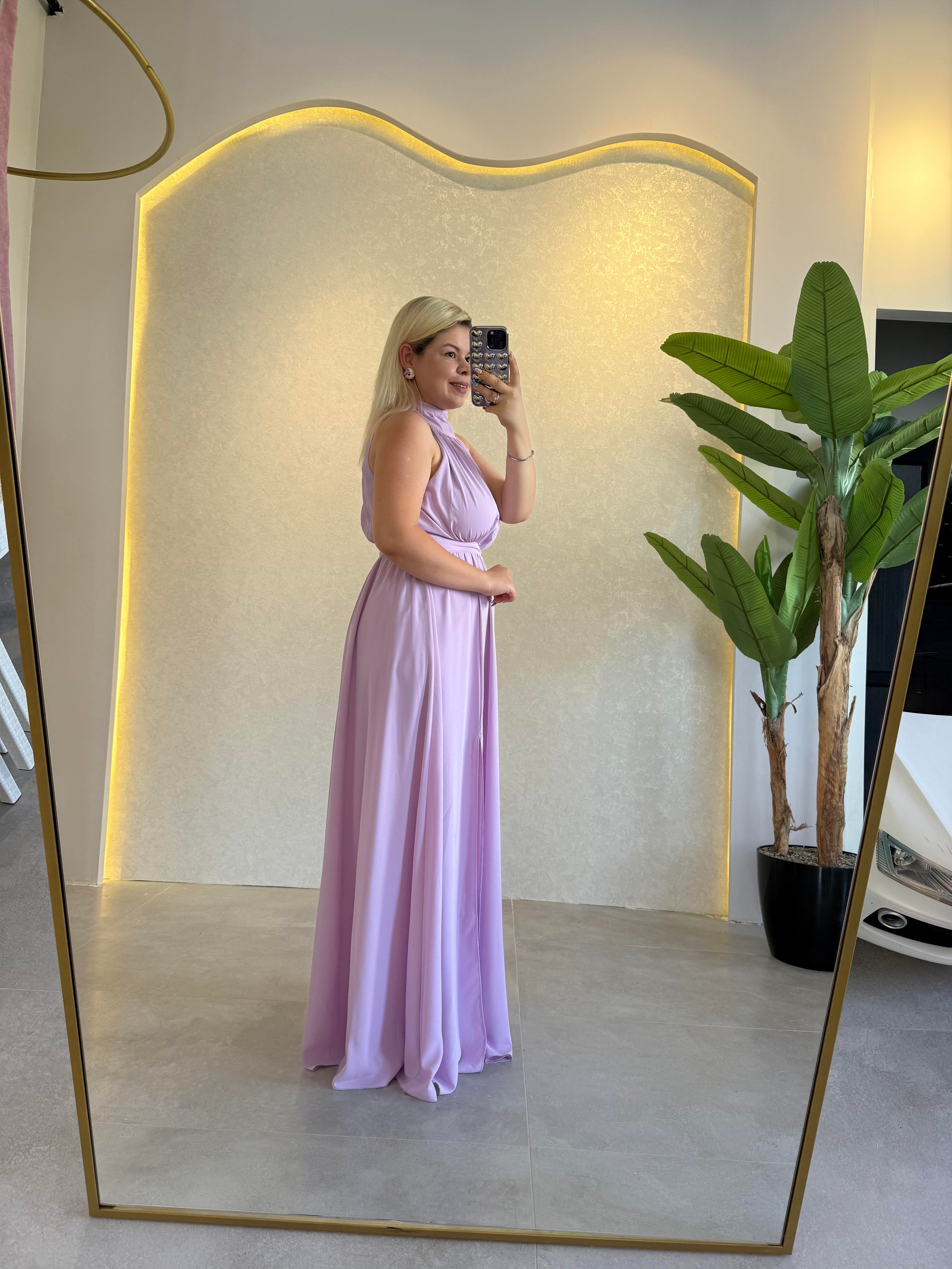 Lila Halter Yaka Yırtmaçlı Elbise