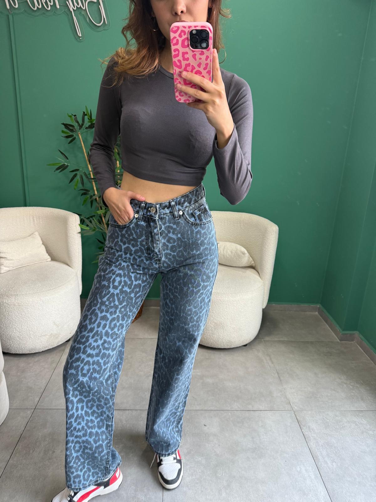 Mavi Leopar Desenli Straıght Jean