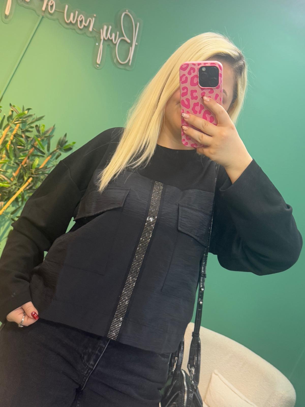 Paraşüt Kumaş Detaylı Taşlı Sweatshirt