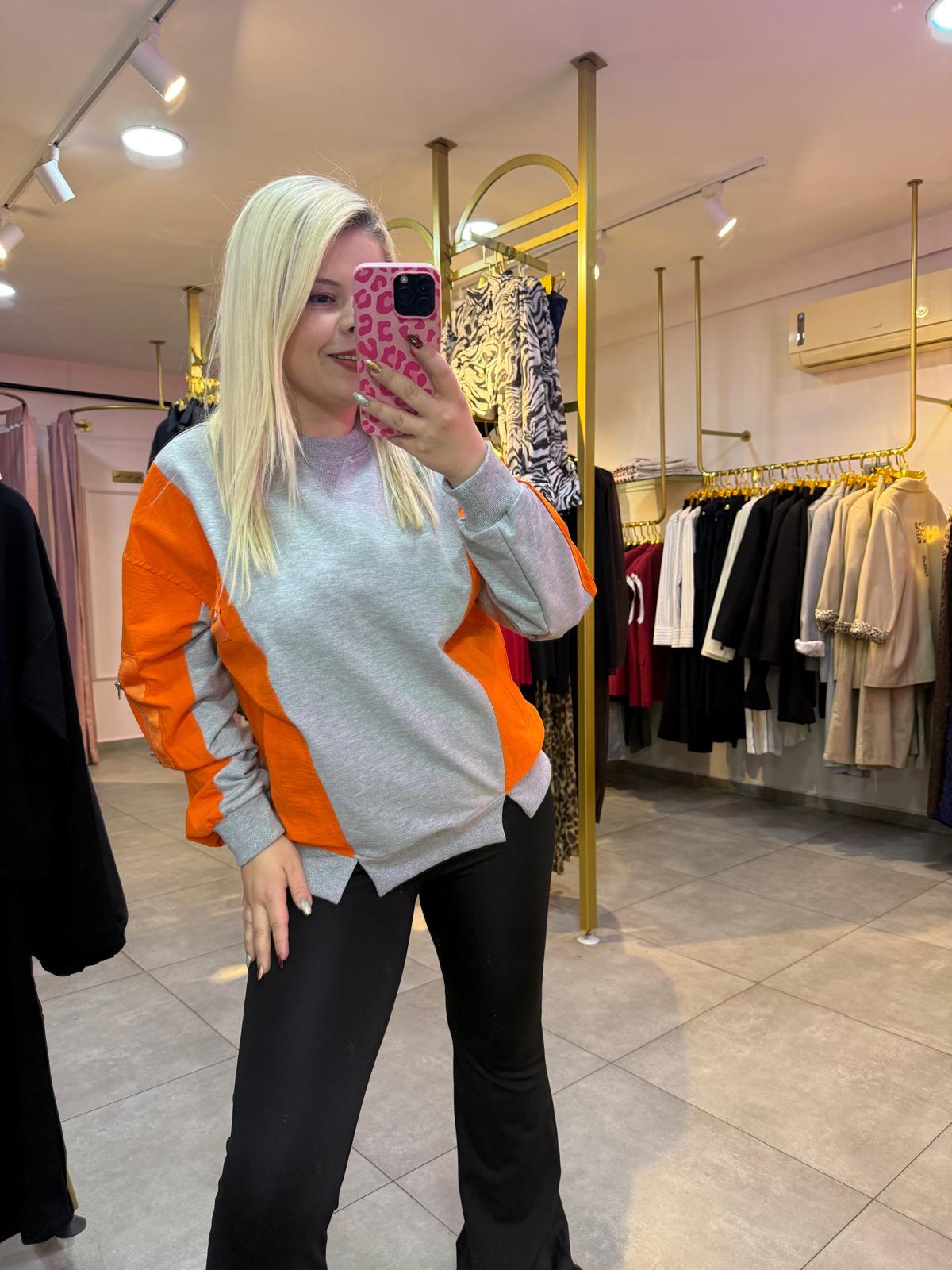 Paraşüt Kumaş Detaylı Turuncu Sweatshirt