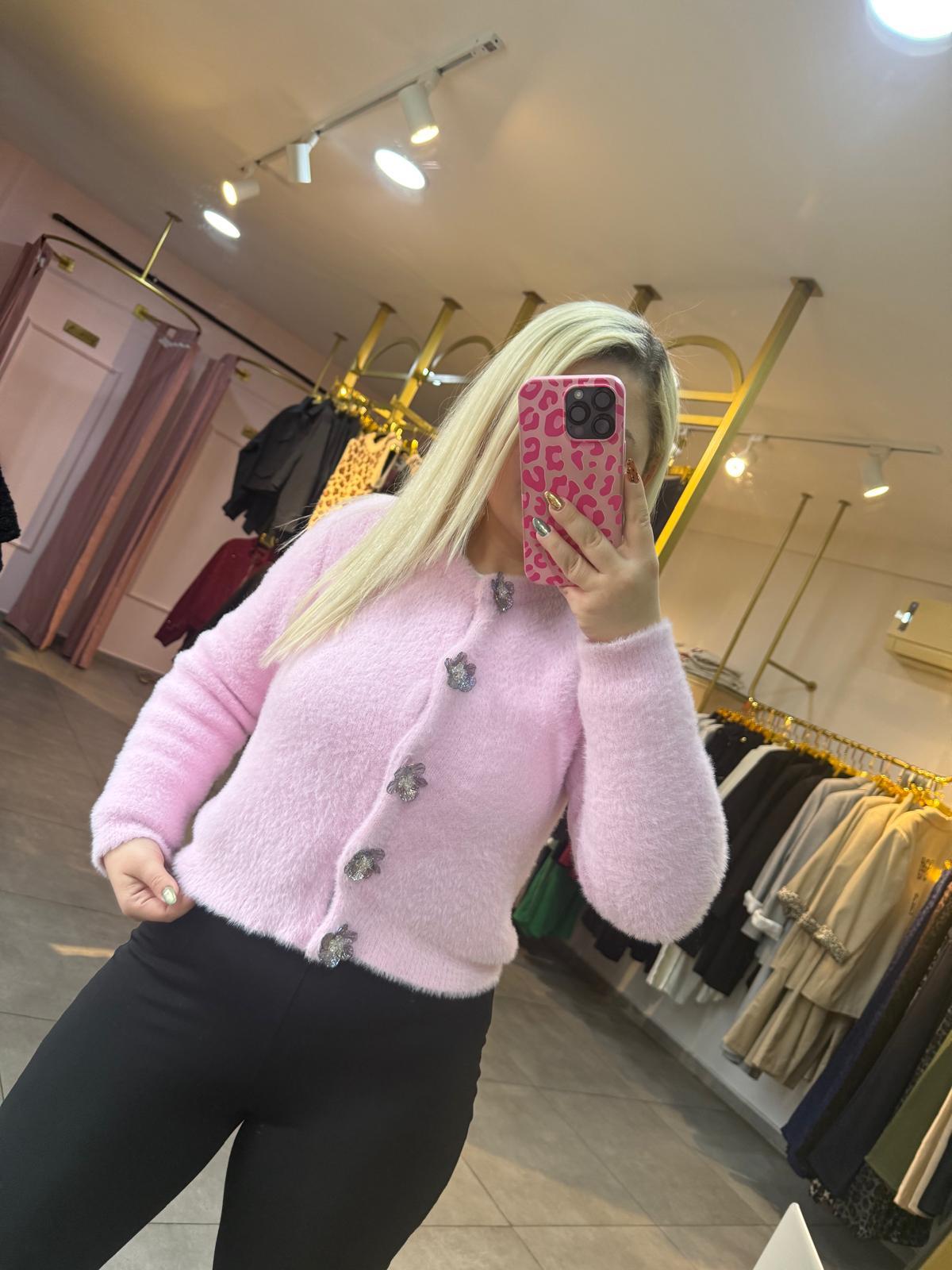 Pembe Çiçek Düğmeli Yumoş Hırka