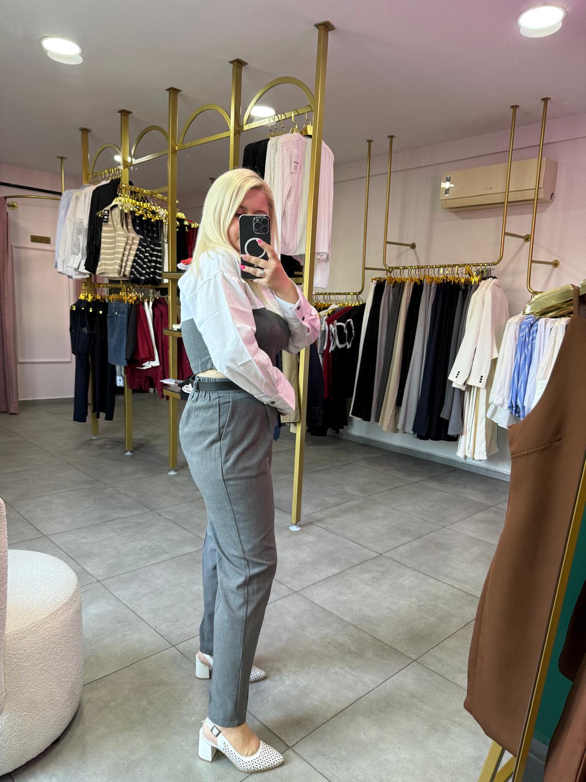 Poplin Detaylı Gömlek ve Kemerli Pantolon Gri Takım