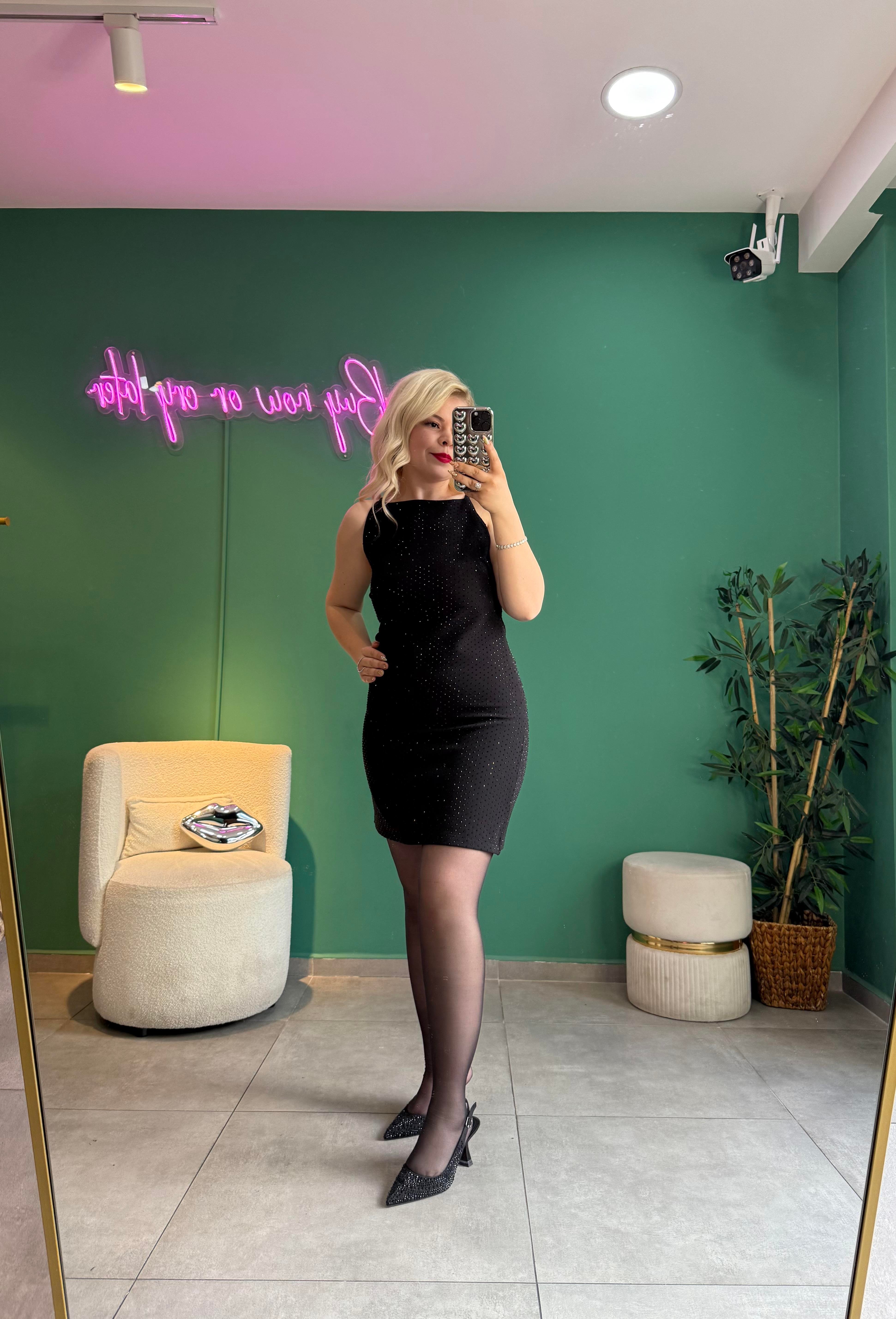 Premium Siyah Full Taşlı Elbise