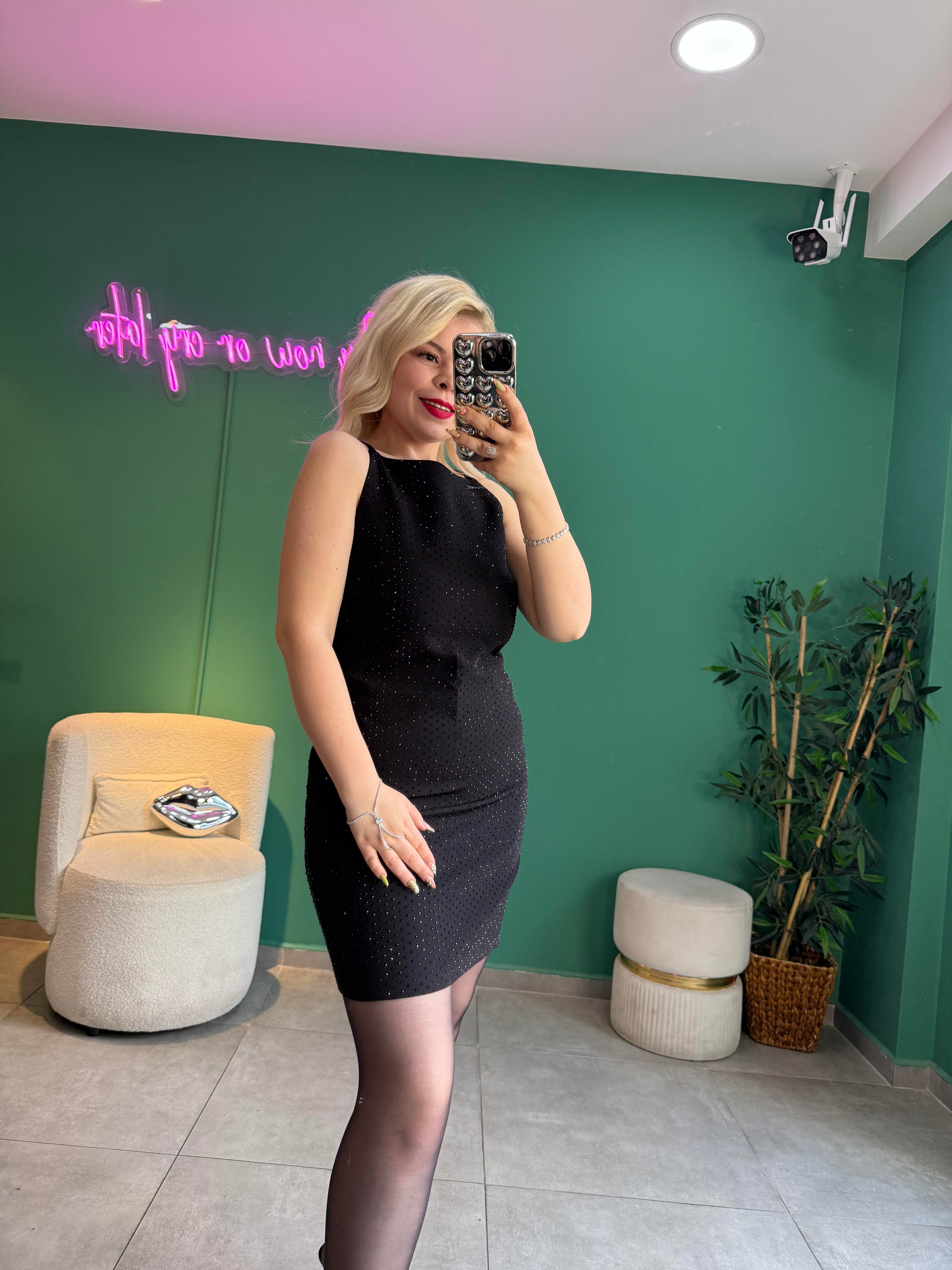 Premium Siyah Full Taşlı Elbise