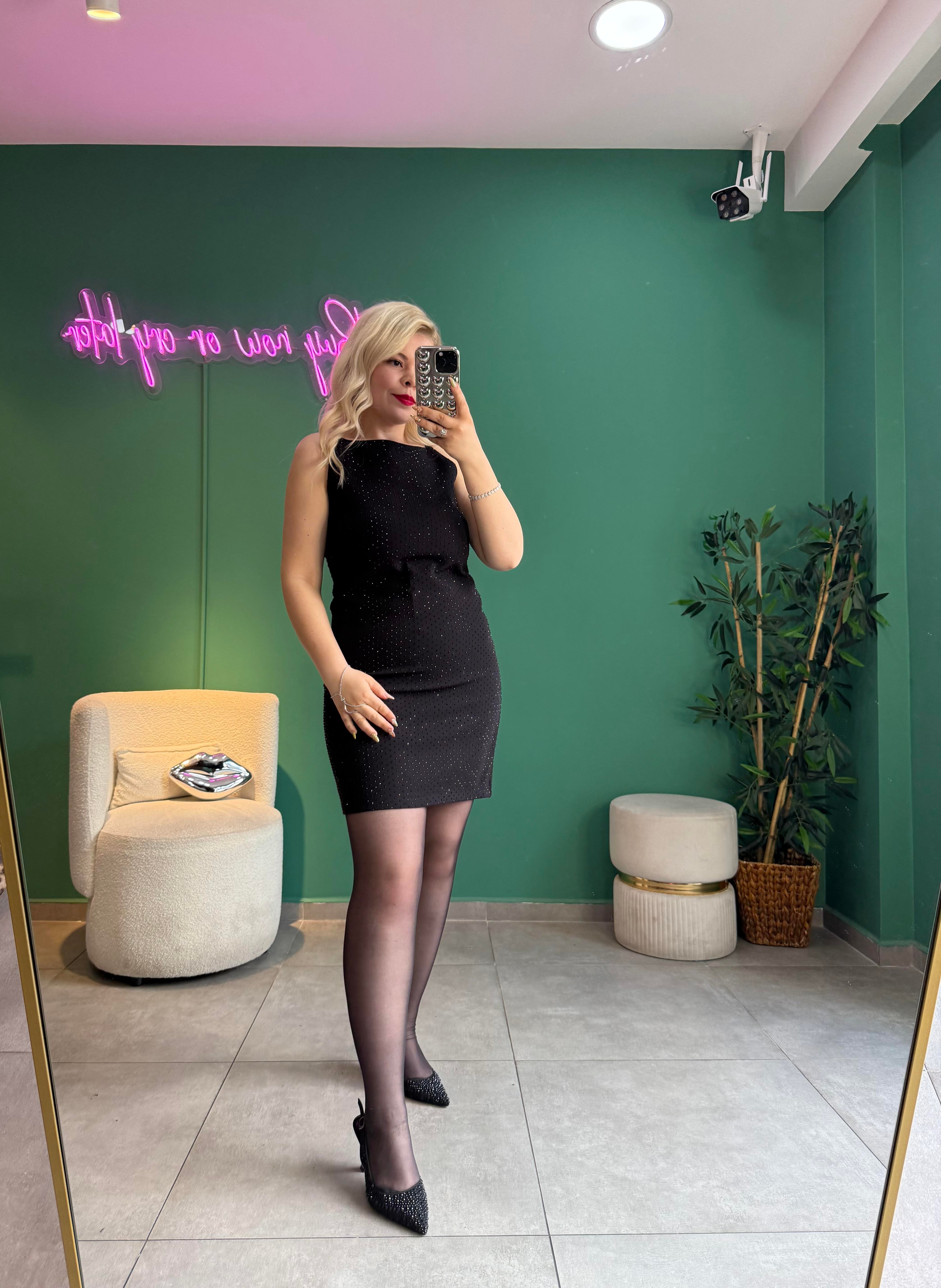Premium Siyah Full Taşlı Elbise