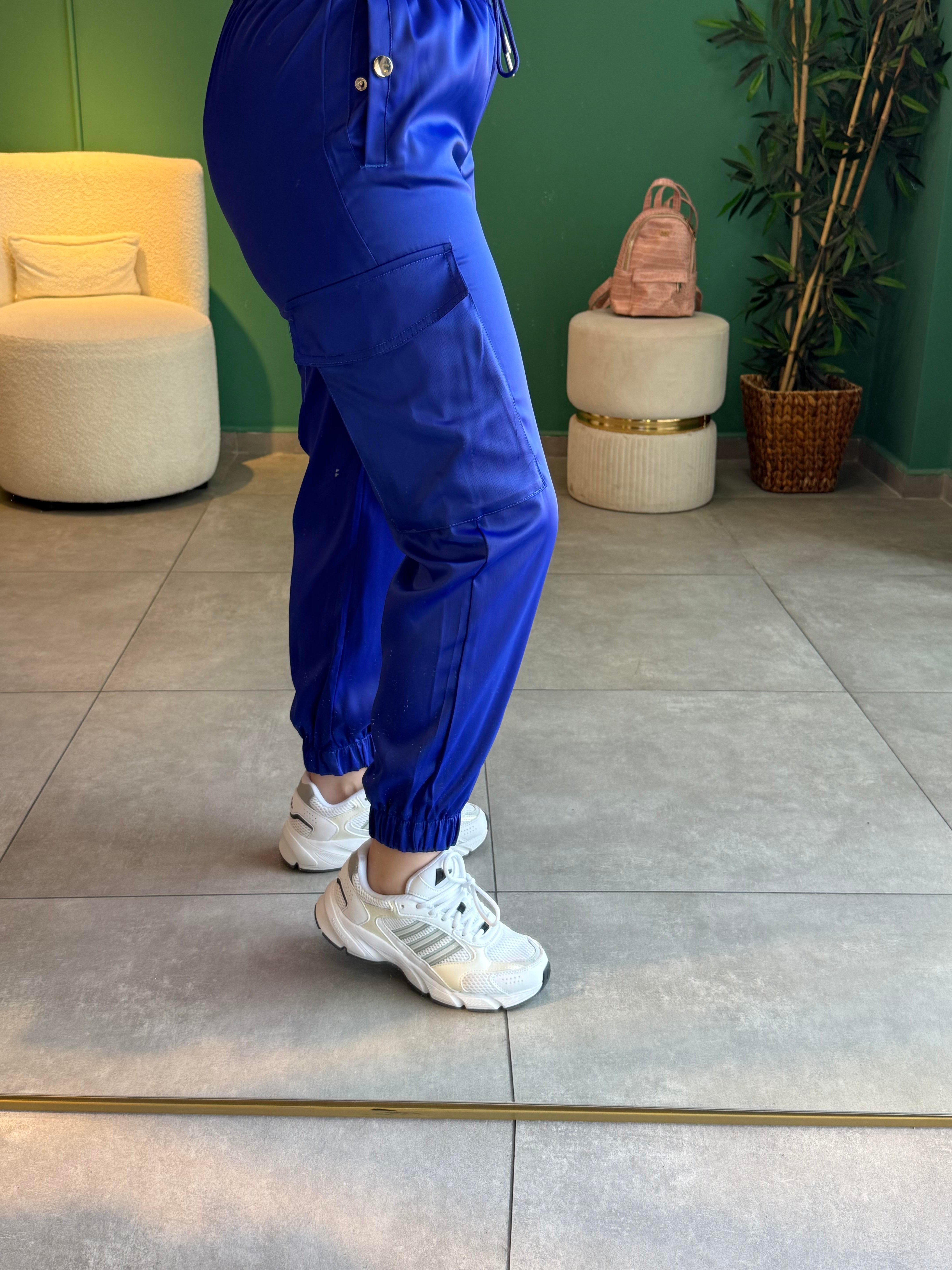 Saks Mavi Bel ve Paça Lastikli Kargo Cepli Pantolon