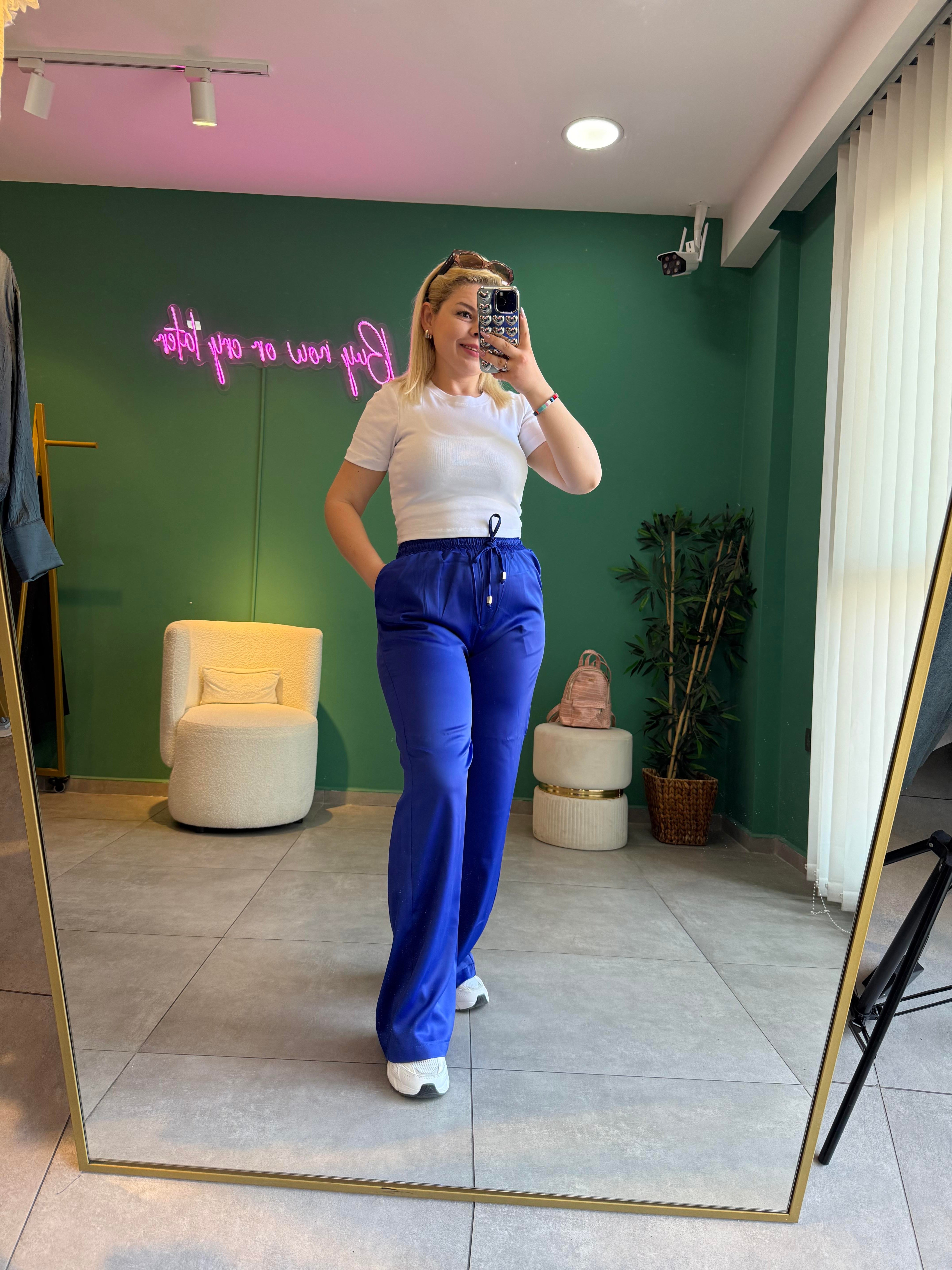 Saks Mavi Saten Pantolon 