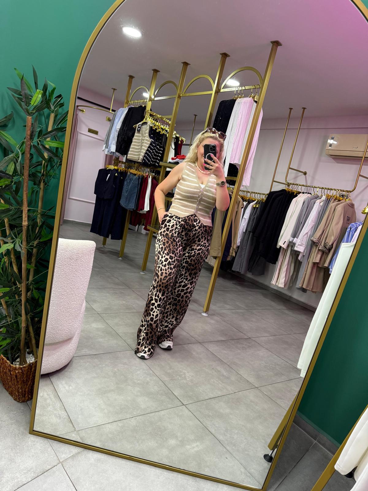 Saten Leopar Pantolon