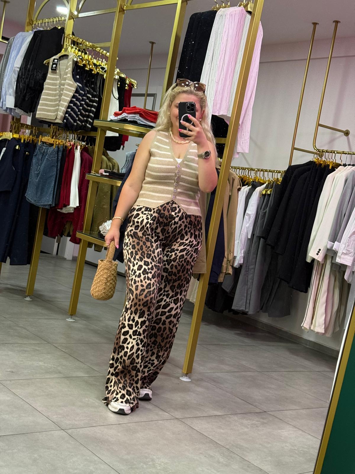Saten Leopar Pantolon