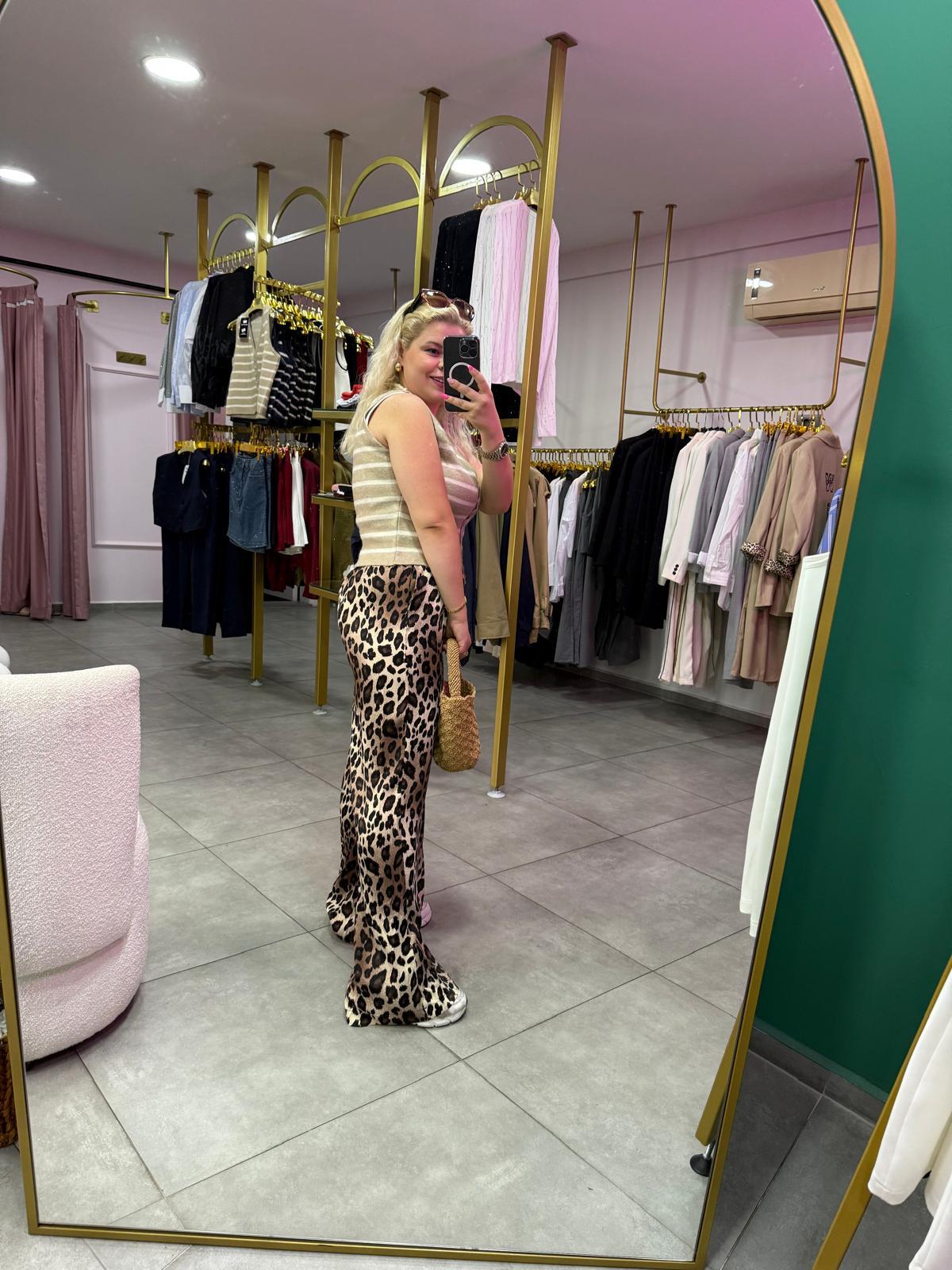 Saten Leopar Pantolon