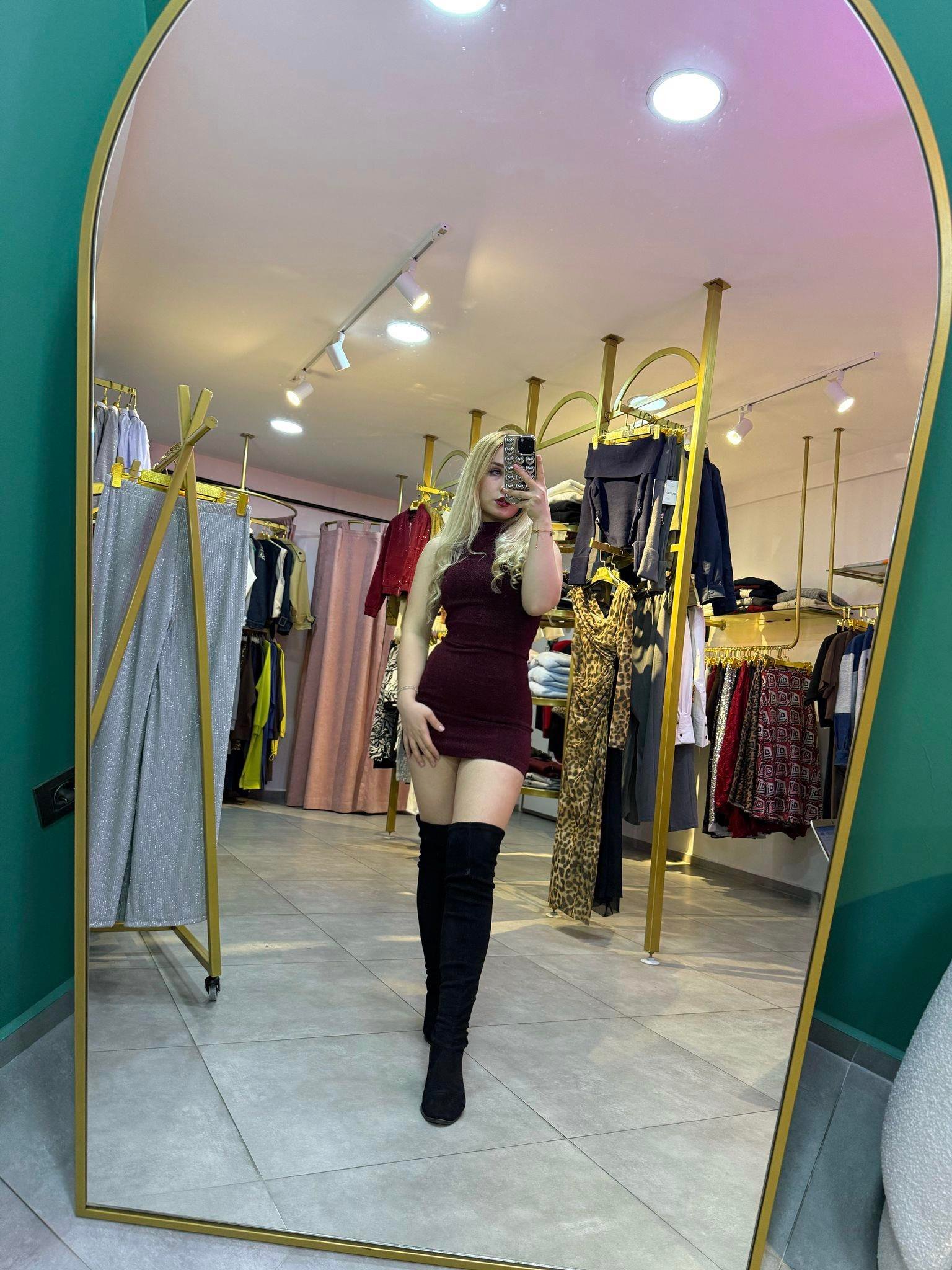 Simli Bordo Elbise