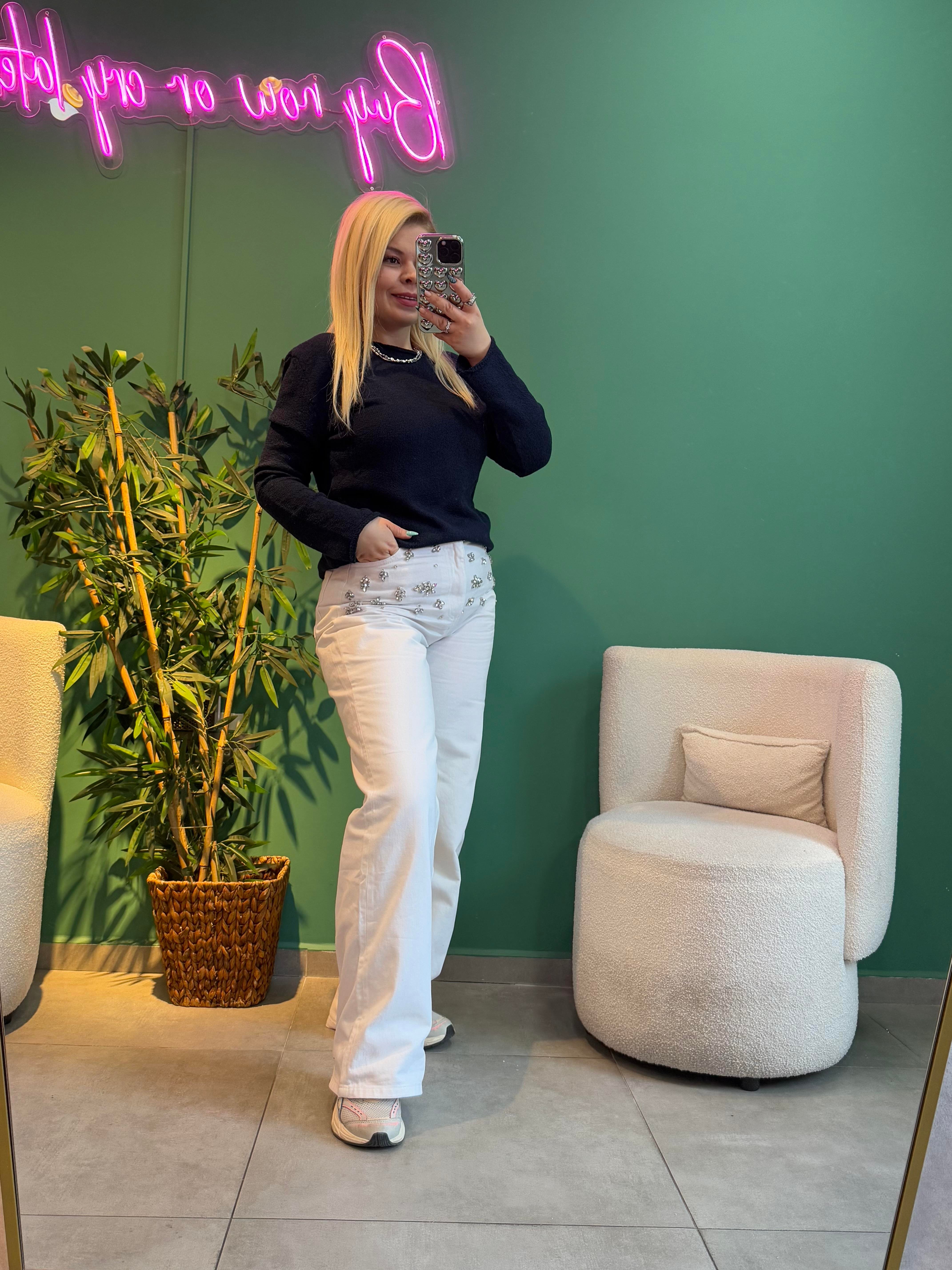 Taşlı Beyaz Jean