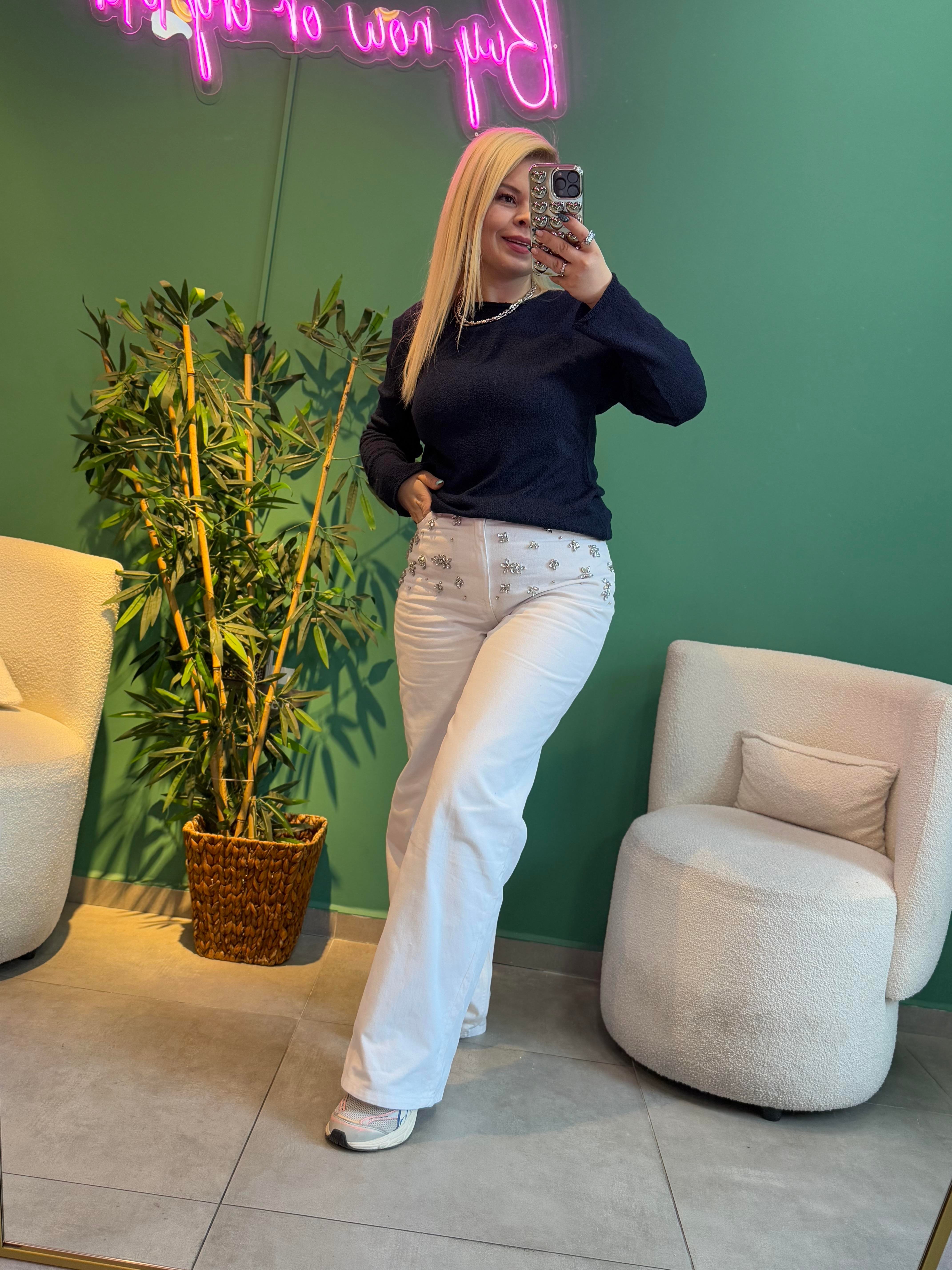 Taşlı Beyaz Jean