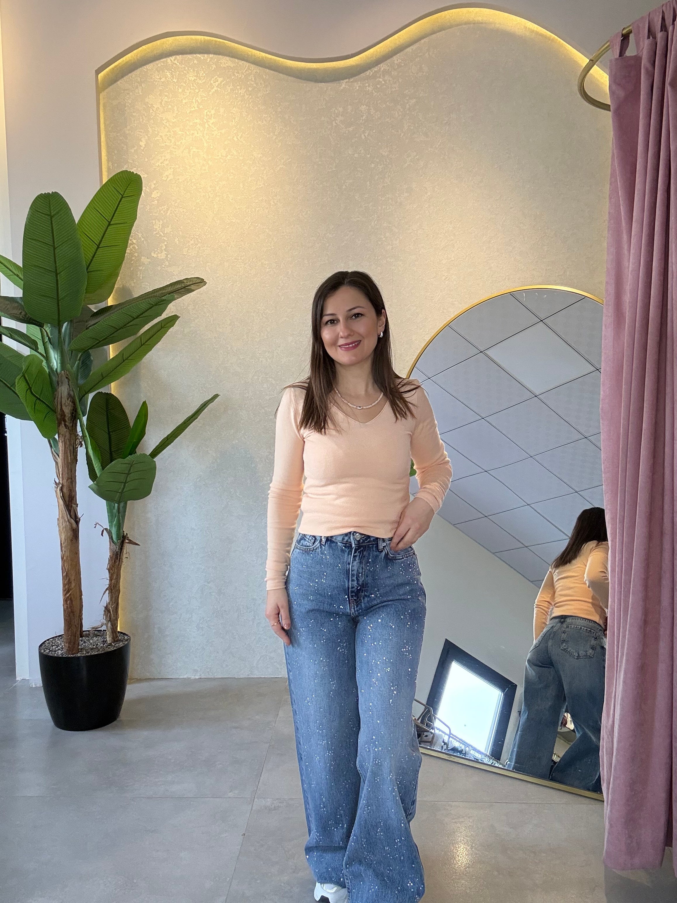 Taşlı Wide Leg Jean Pantolon 