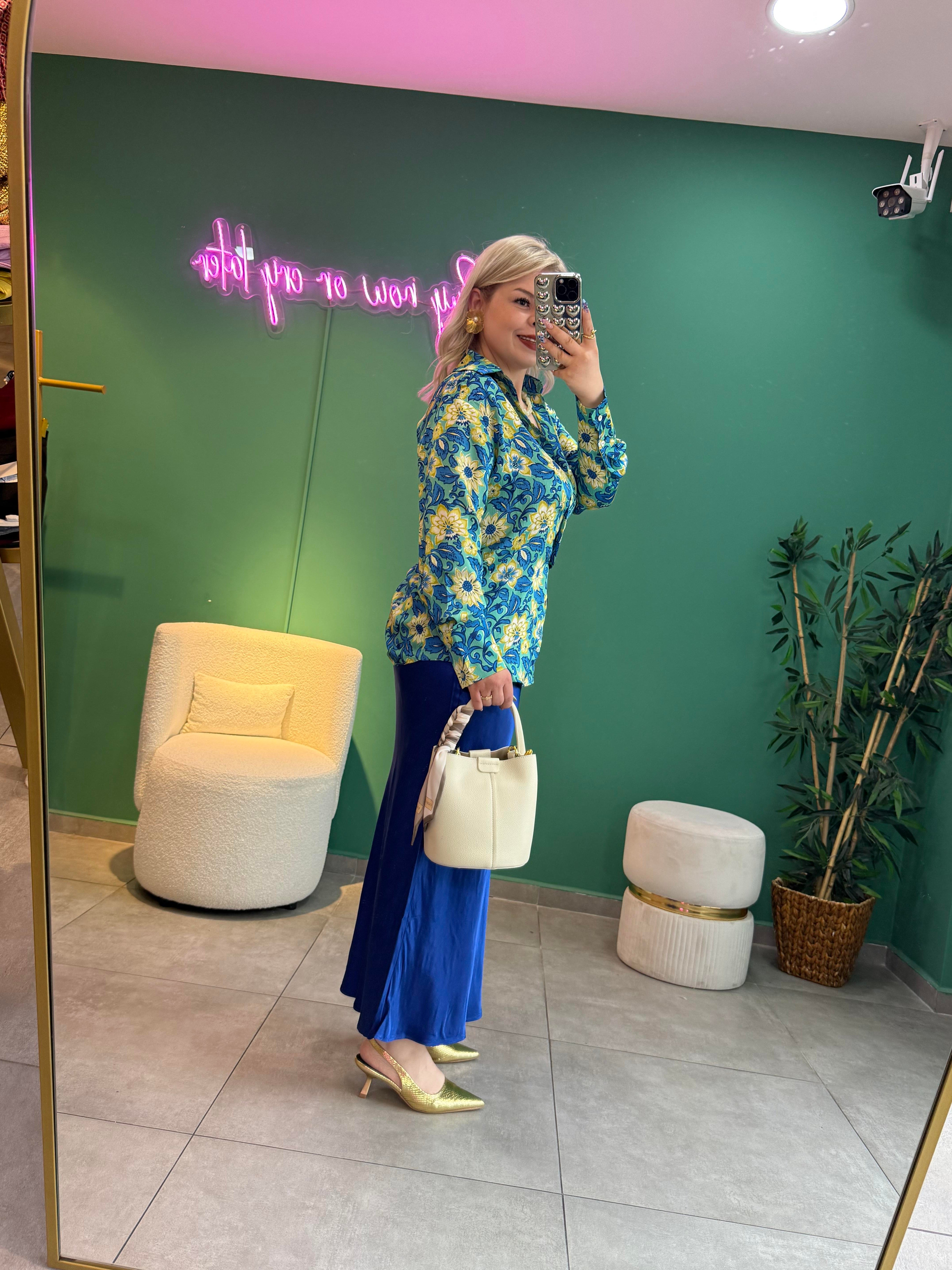 Verev Saks Mavi Saten Maxi Etek