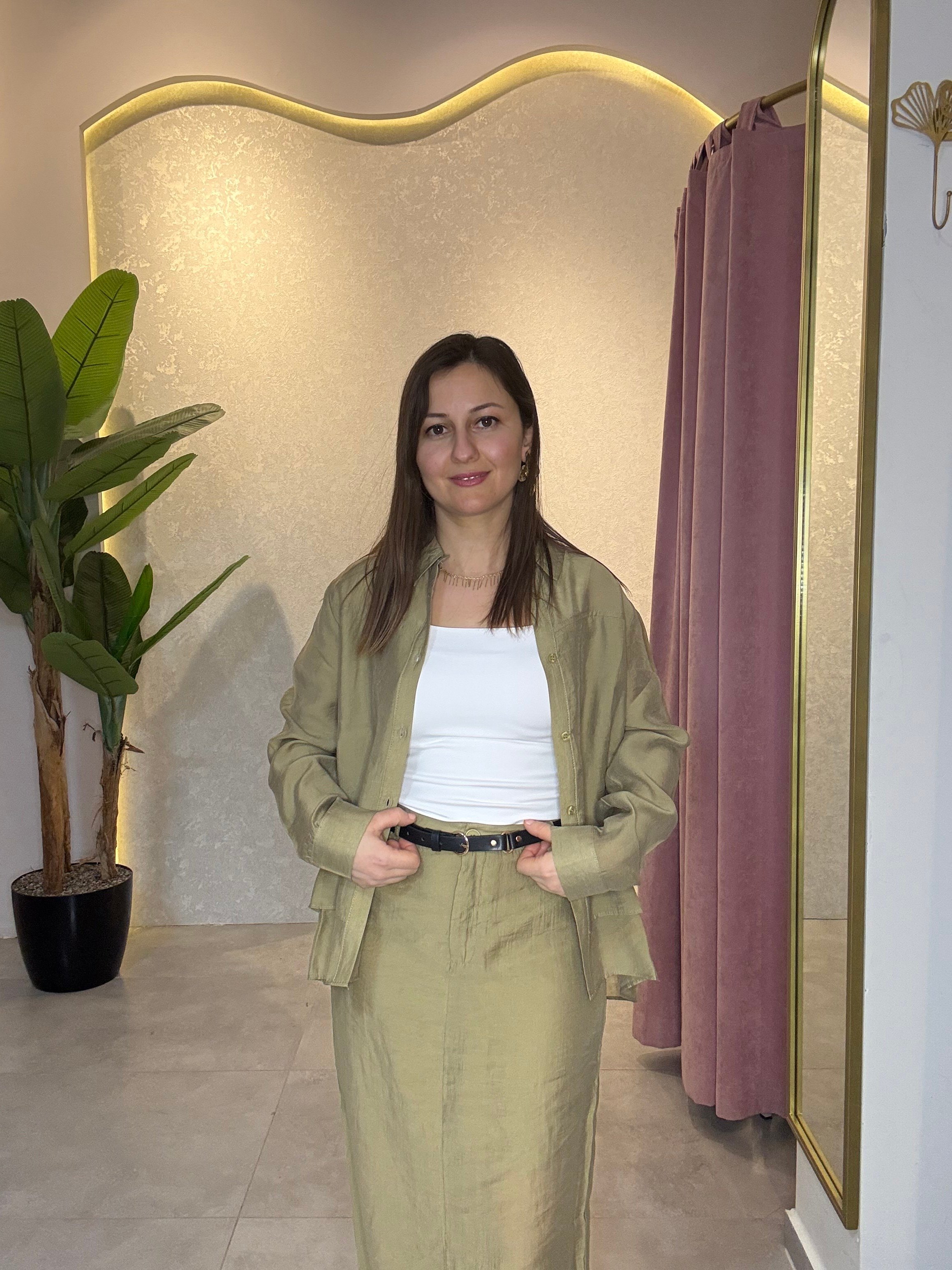 Yağ Yeşili Kemerli Etek