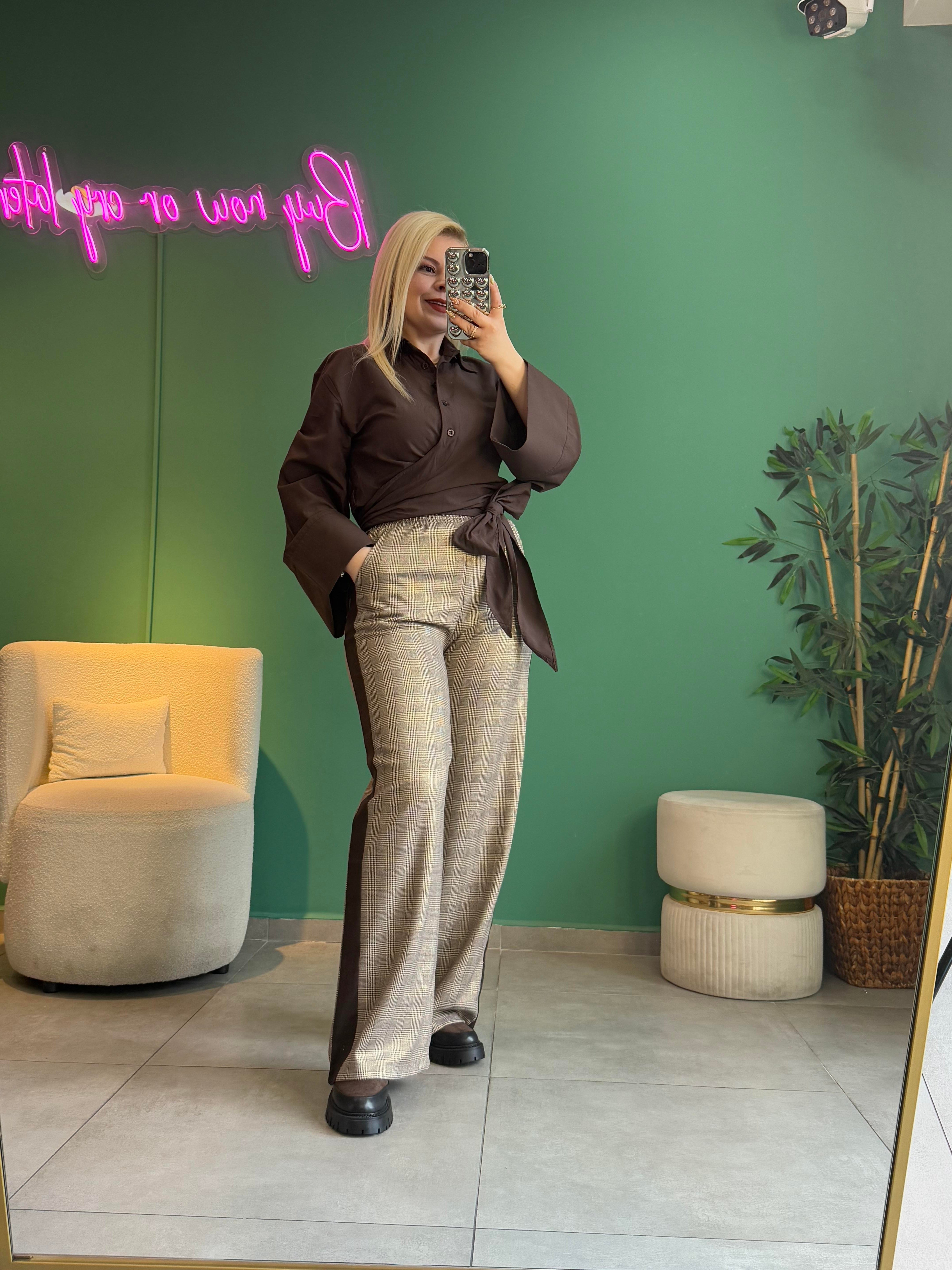 Yan Şeritli Kahve Ekose Pantalon