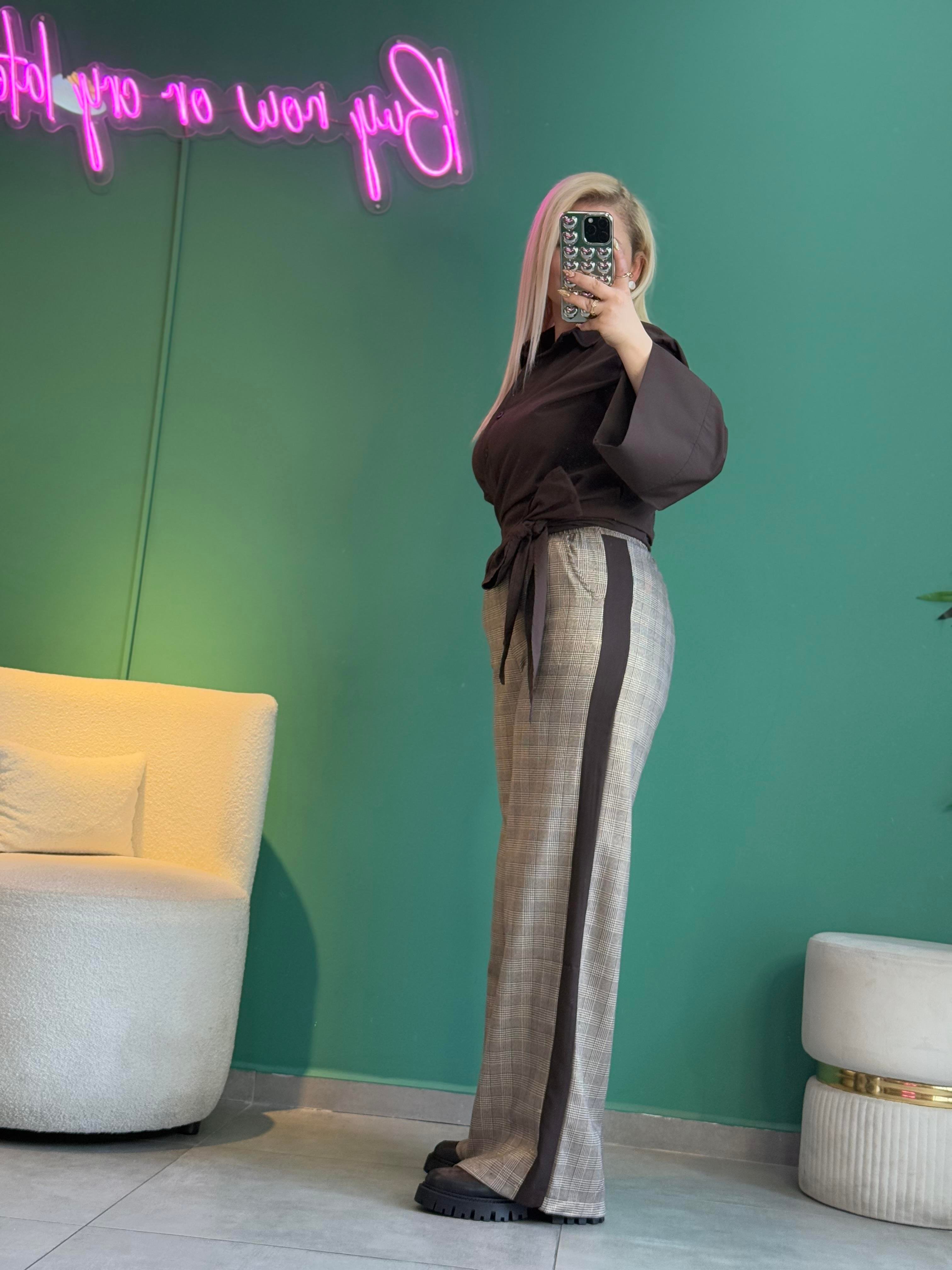 Yan Şeritli Kahve Ekose Pantalon