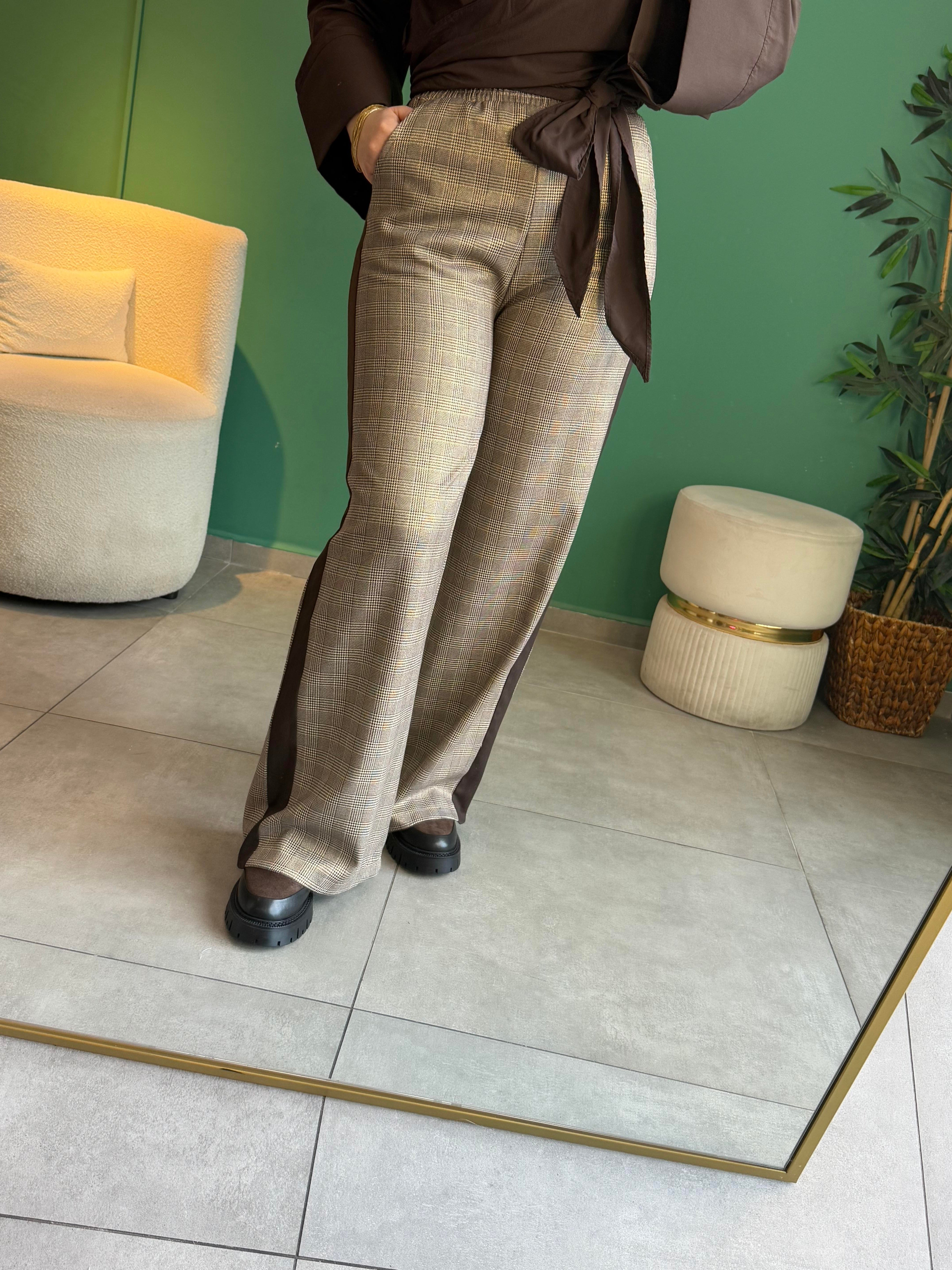 Yan Şeritli Kahve Ekose Pantalon