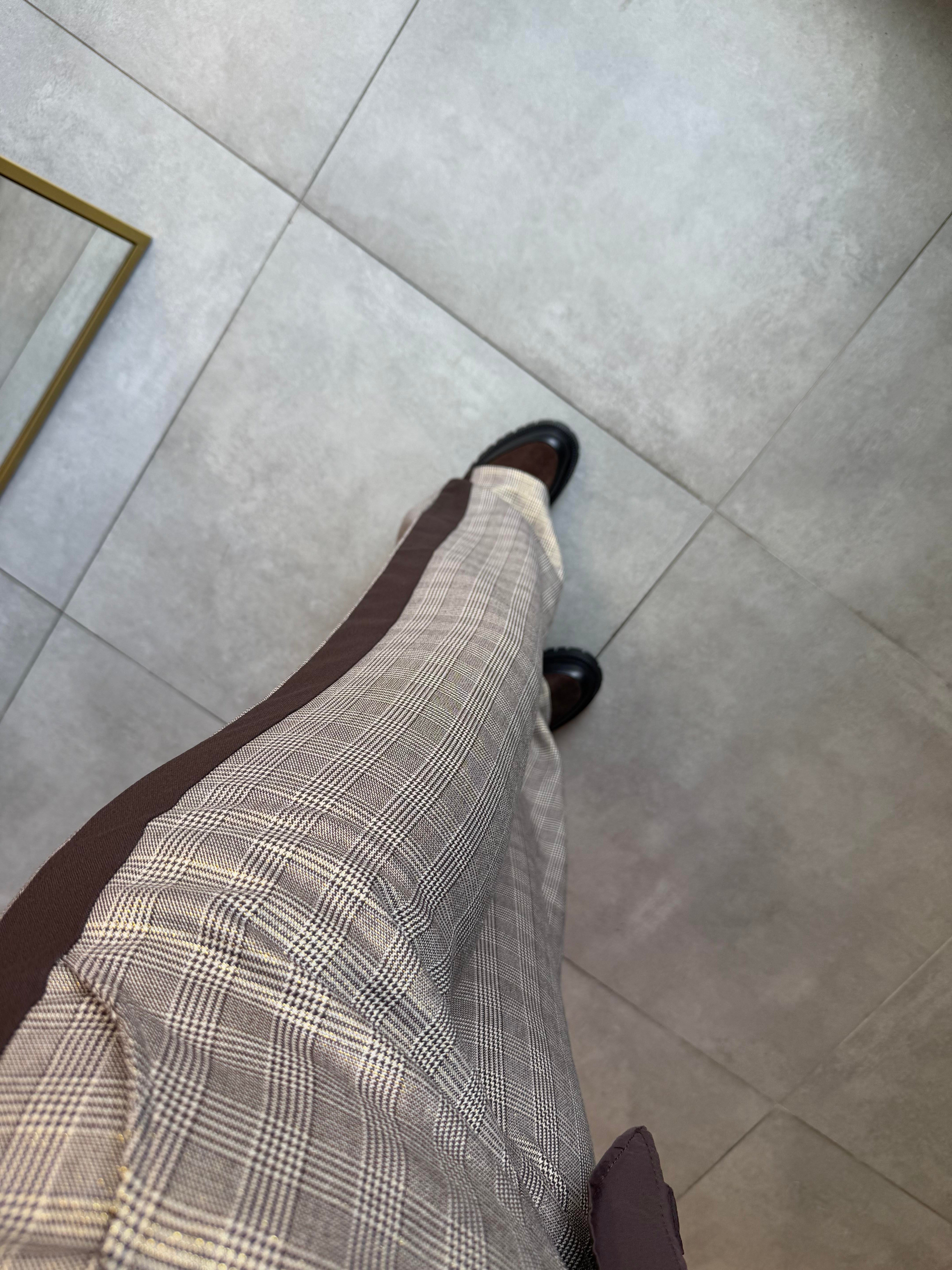 Yan Şeritli Kahve Ekose Pantalon